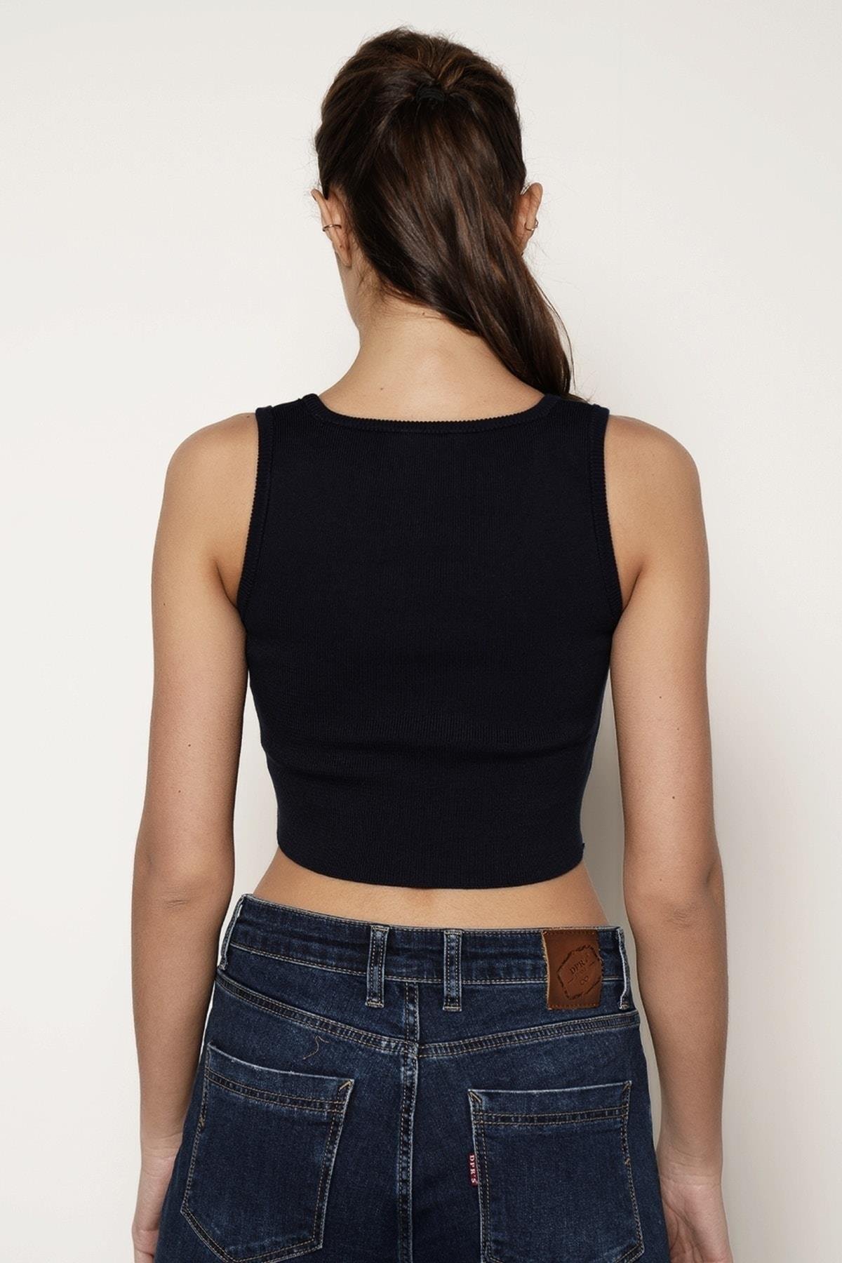 Sıyah %100 Organik Pamuk Likralı Crop Kare Yaka Triko Atlet Örme Bluz