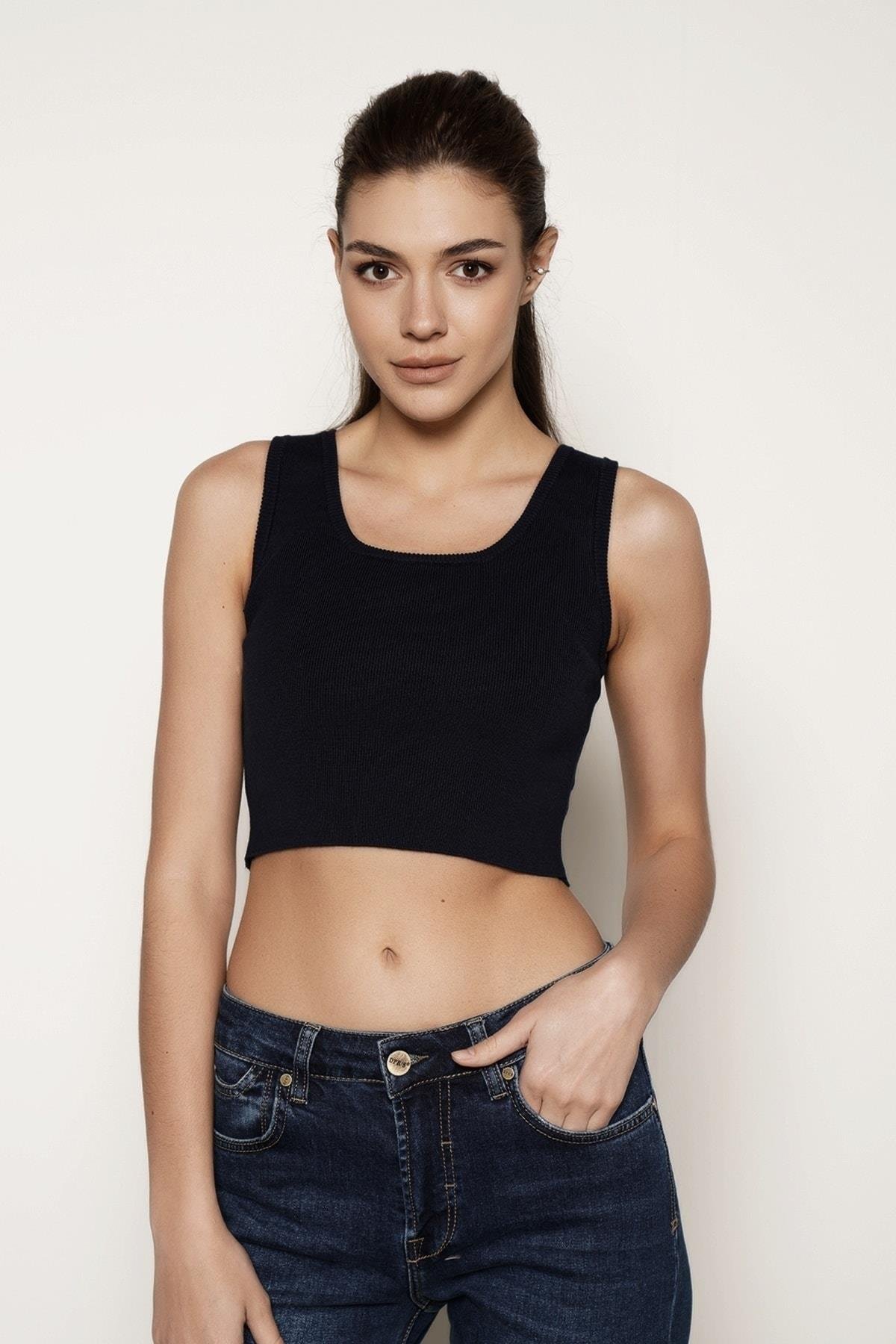Sıyah %100 Organik Pamuk Likralı Crop Kare Yaka Triko Atlet Örme Bluz