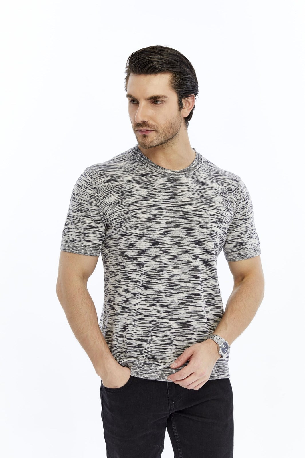 Siyah Erkek %100 Pamuk Bisiklet Yaka Kısa Kollu Kırçıllı Örgü Triko T-shirt TRIST-7109