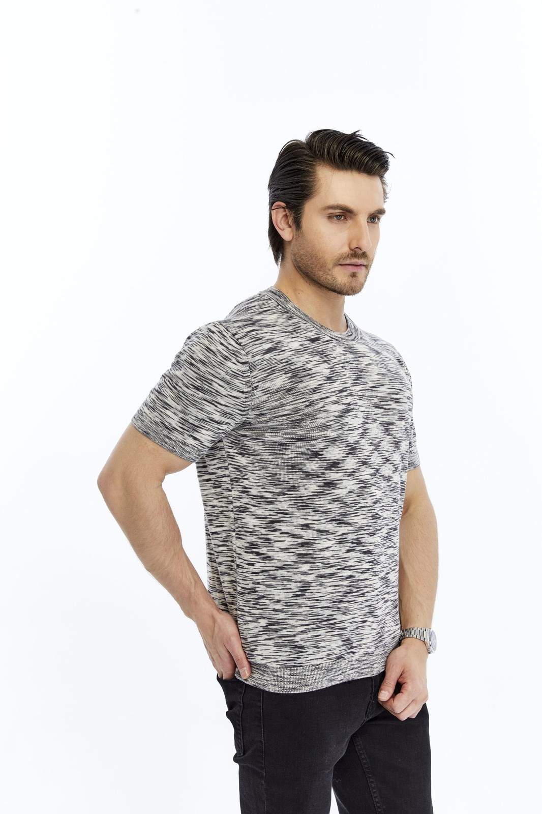Siyah Erkek %100 Pamuk Bisiklet Yaka Kısa Kollu Kırçıllı Örgü Triko T-shirt TRIST-7109