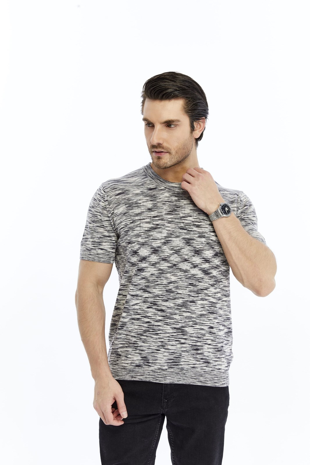 Siyah Erkek %100 Pamuk Bisiklet Yaka Kısa Kollu Kırçıllı Örgü Triko T-shirt TRIST-7109