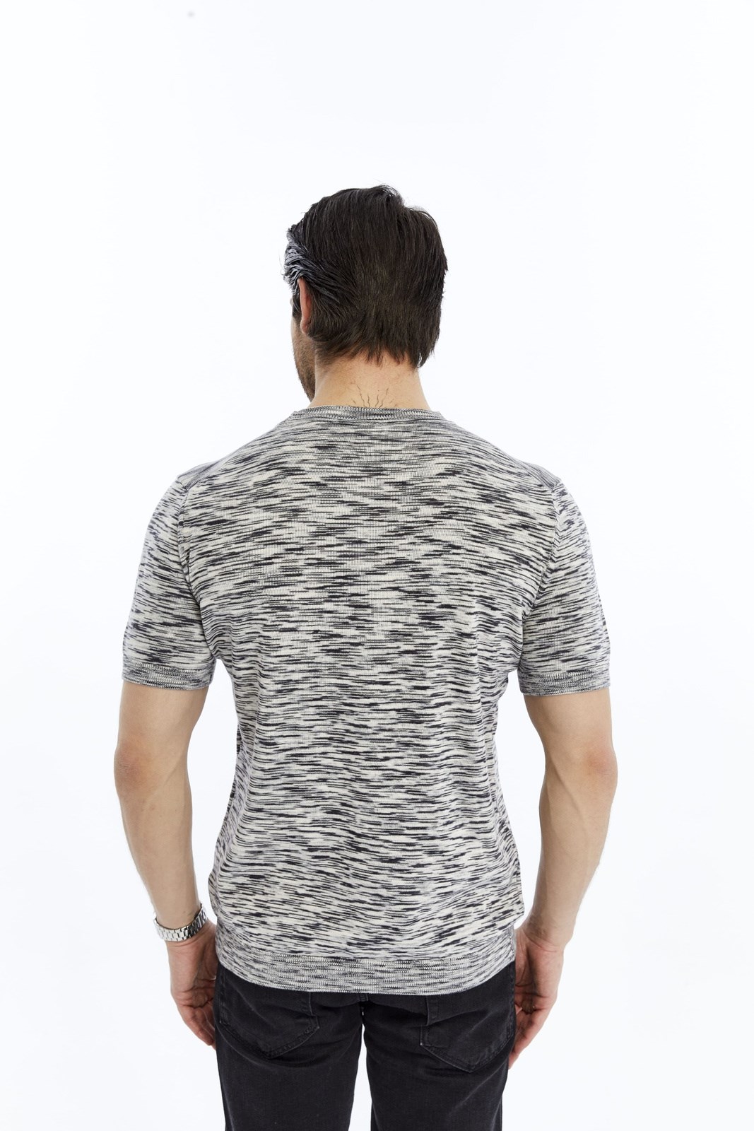 Siyah Erkek %100 Pamuk Bisiklet Yaka Kısa Kollu Kırçıllı Örgü Triko T-shirt TRIST-7109