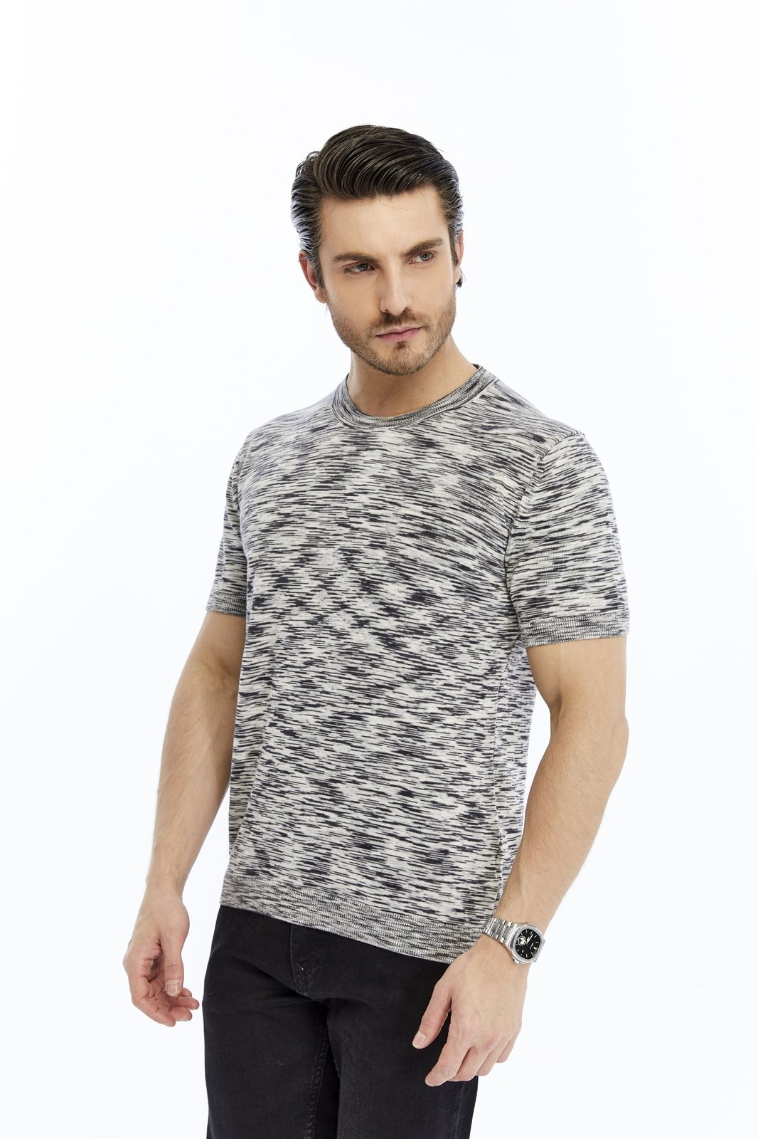 Siyah Erkek %100 Pamuk Bisiklet Yaka Kısa Kollu Kırçıllı Örgü Triko T-shirt TRIST-7109
