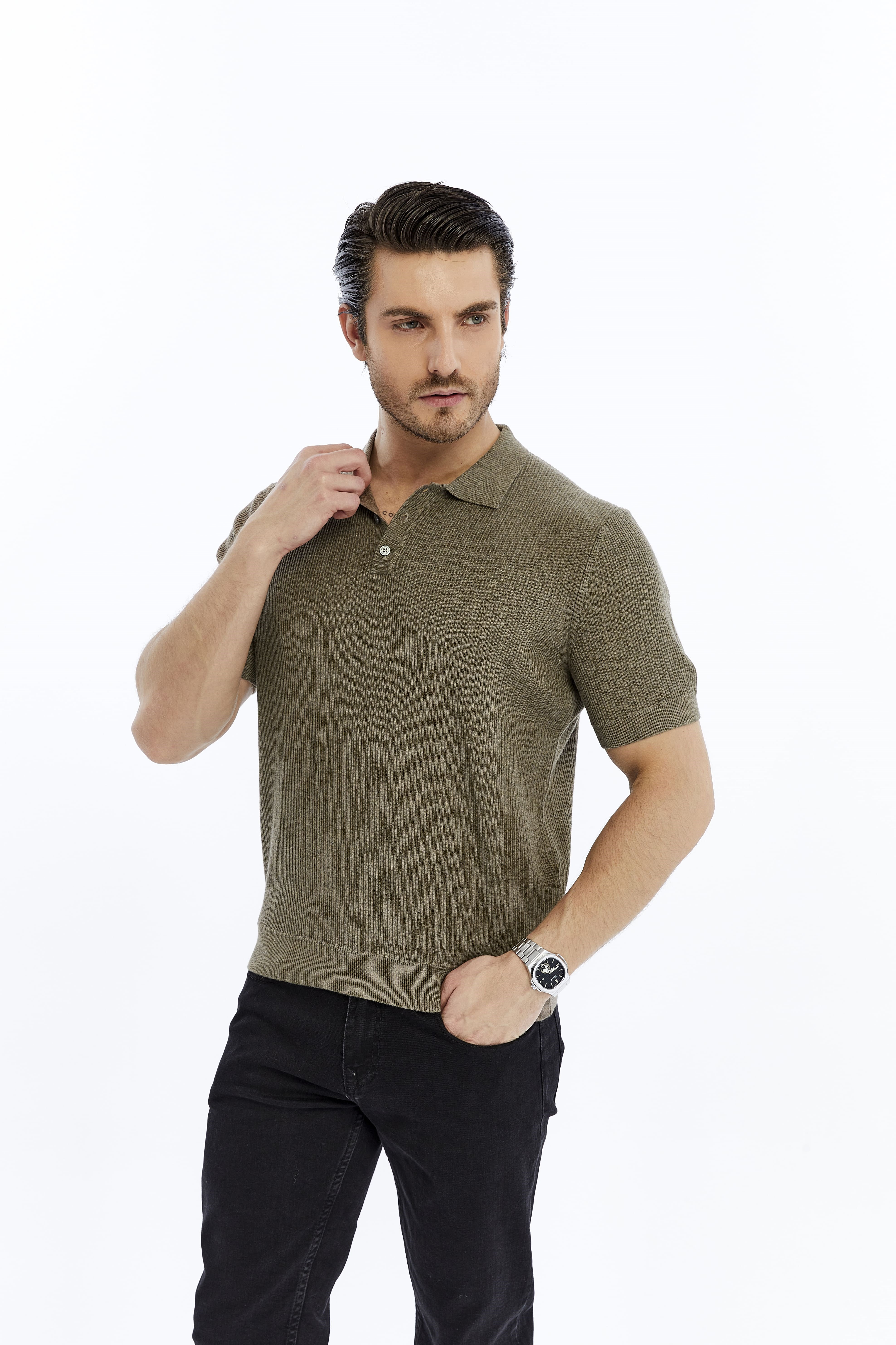 Vizon Erkek %100 Pamuk Polo Yaka Kısa Kollu Fitilli Örgü Triko T-shirt TRIST-7108