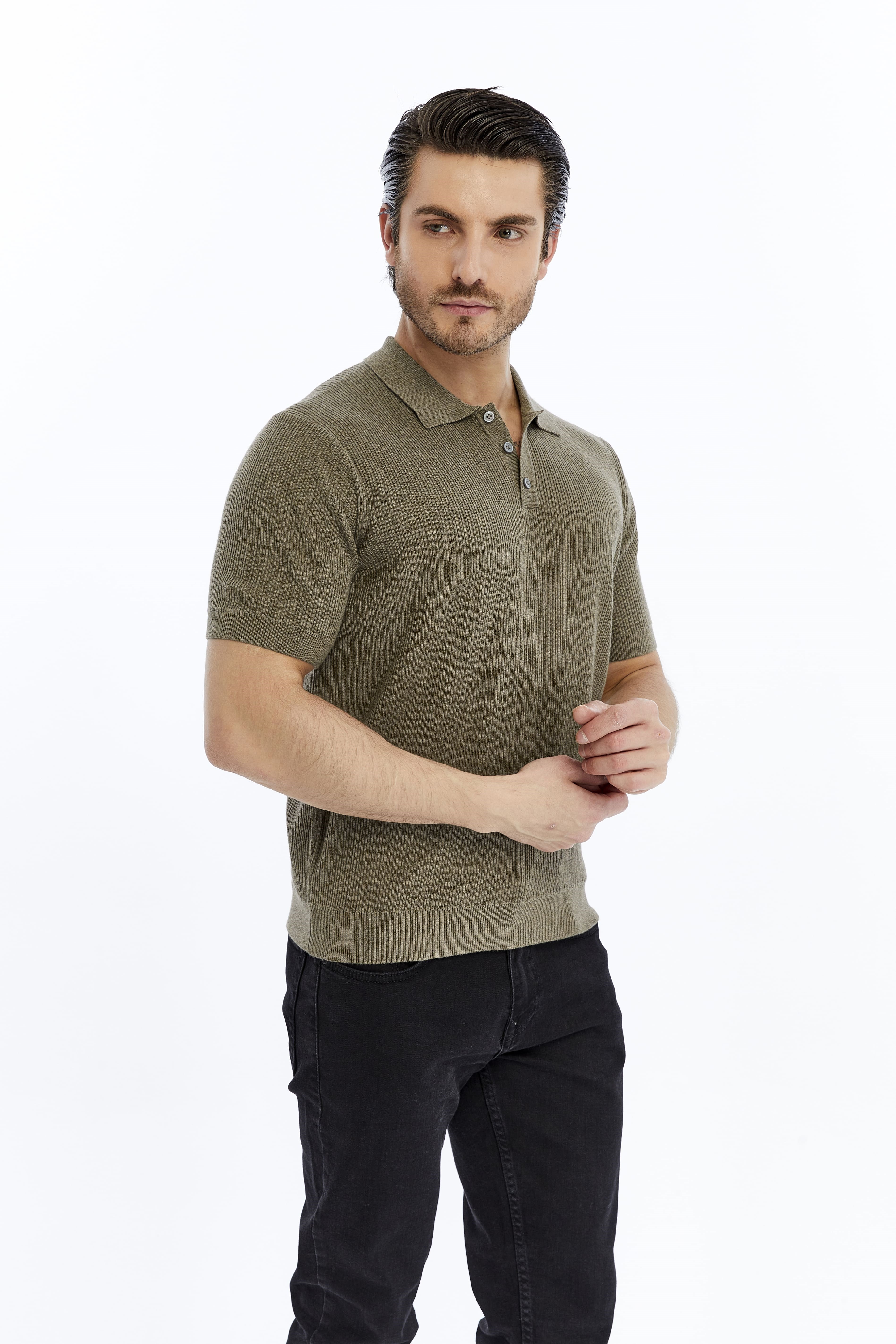 Vizon Erkek %100 Pamuk Polo Yaka Kısa Kollu Fitilli Örgü Triko T-shirt TRIST-7108