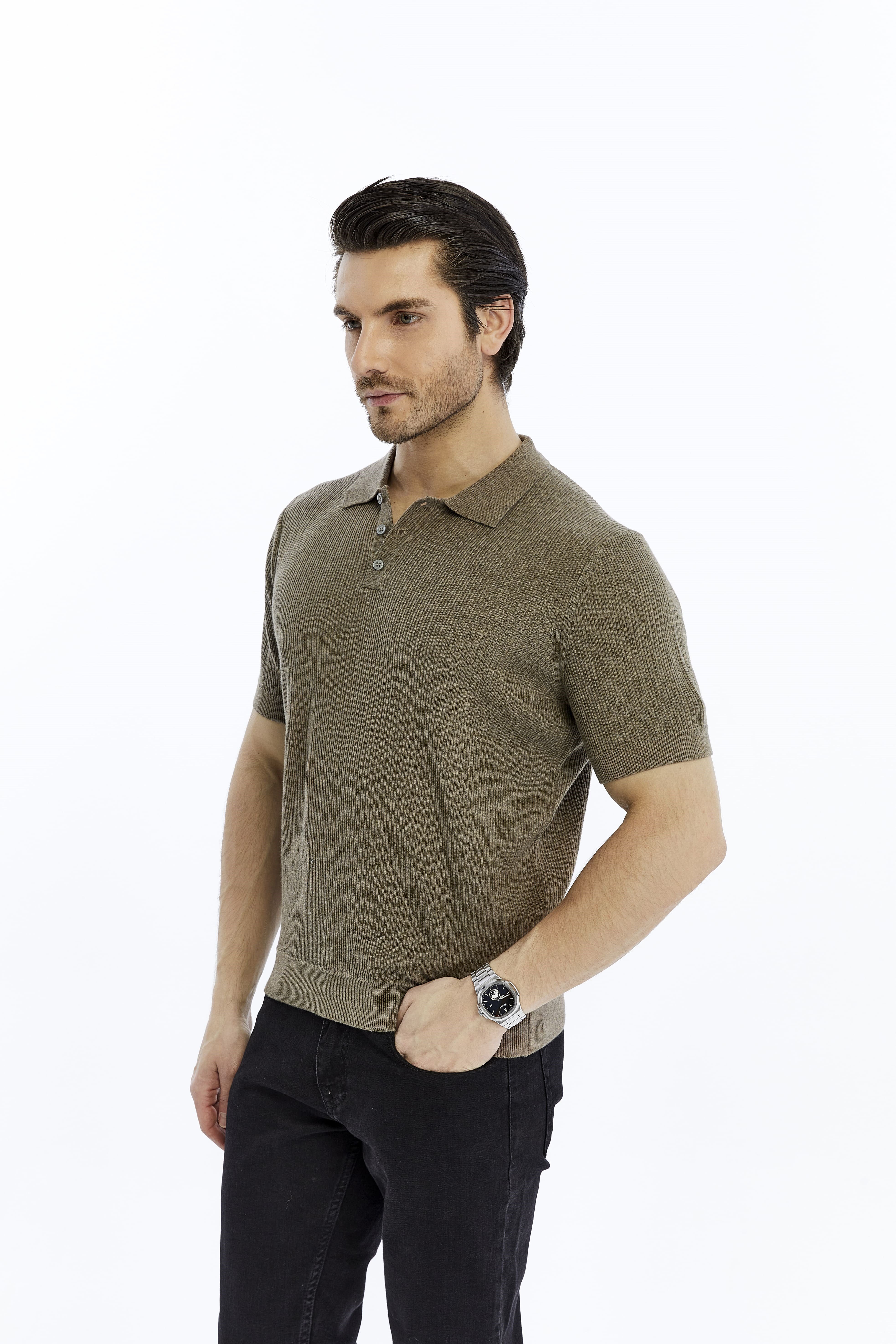 Vizon Erkek %100 Pamuk Polo Yaka Kısa Kollu Fitilli Örgü Triko T-shirt TRIST-7108