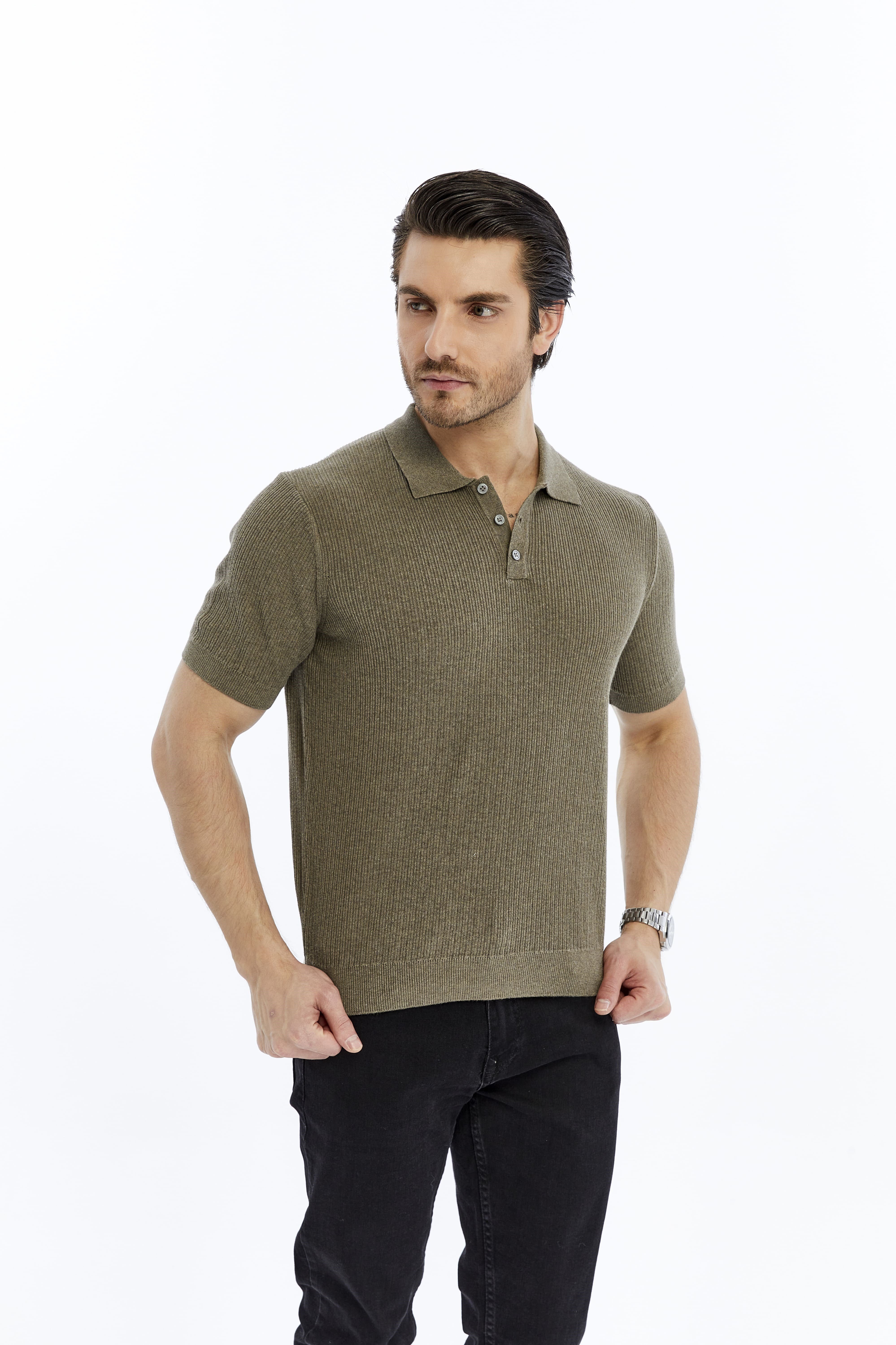 Vizon Erkek %100 Pamuk Polo Yaka Kısa Kollu Fitilli Örgü Triko T-shirt TRIST-7108