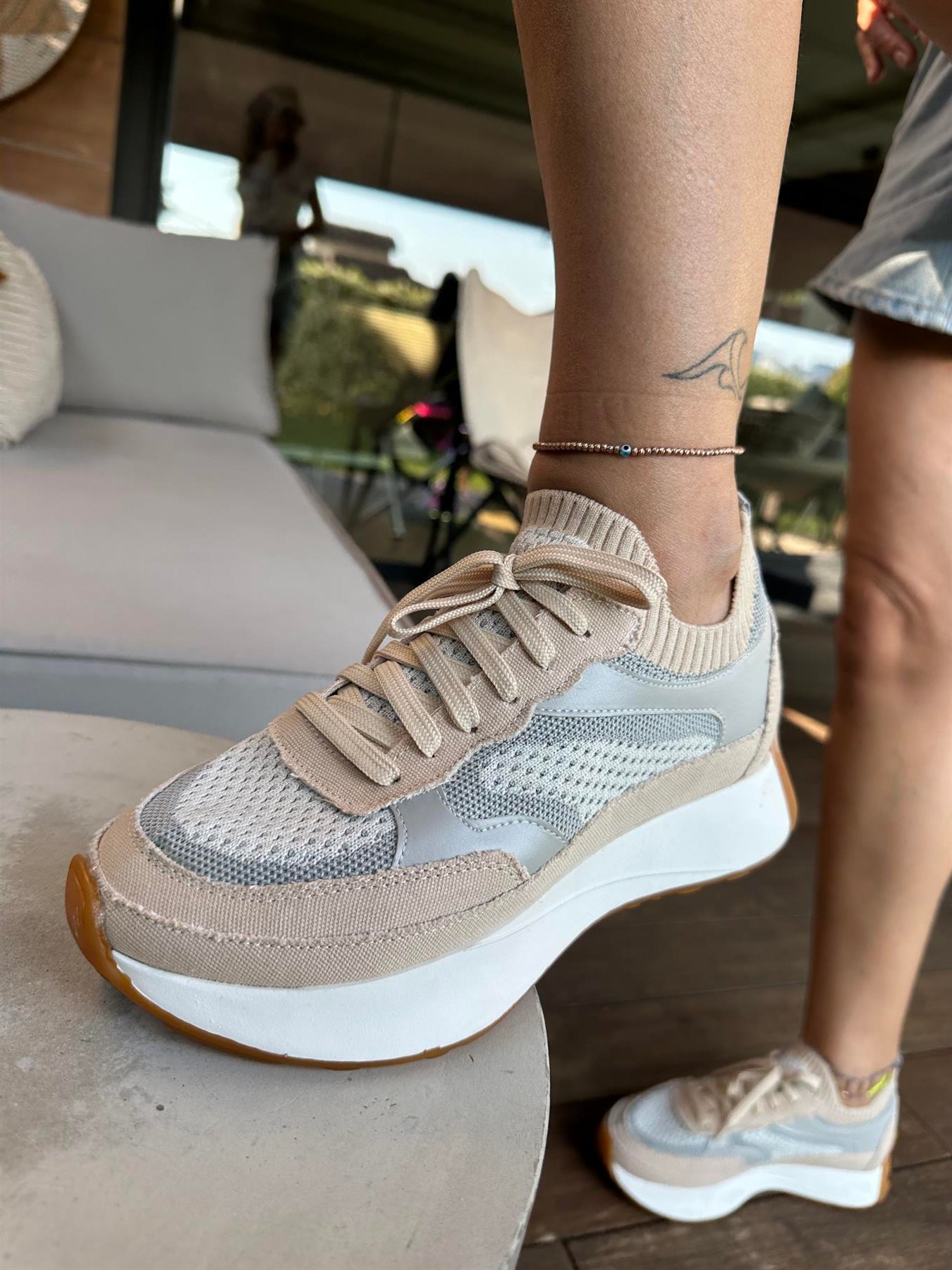 207-297 Bej Triko Yüksek Tabanlı Bağcıklı Kadın Spor Ayakkabı