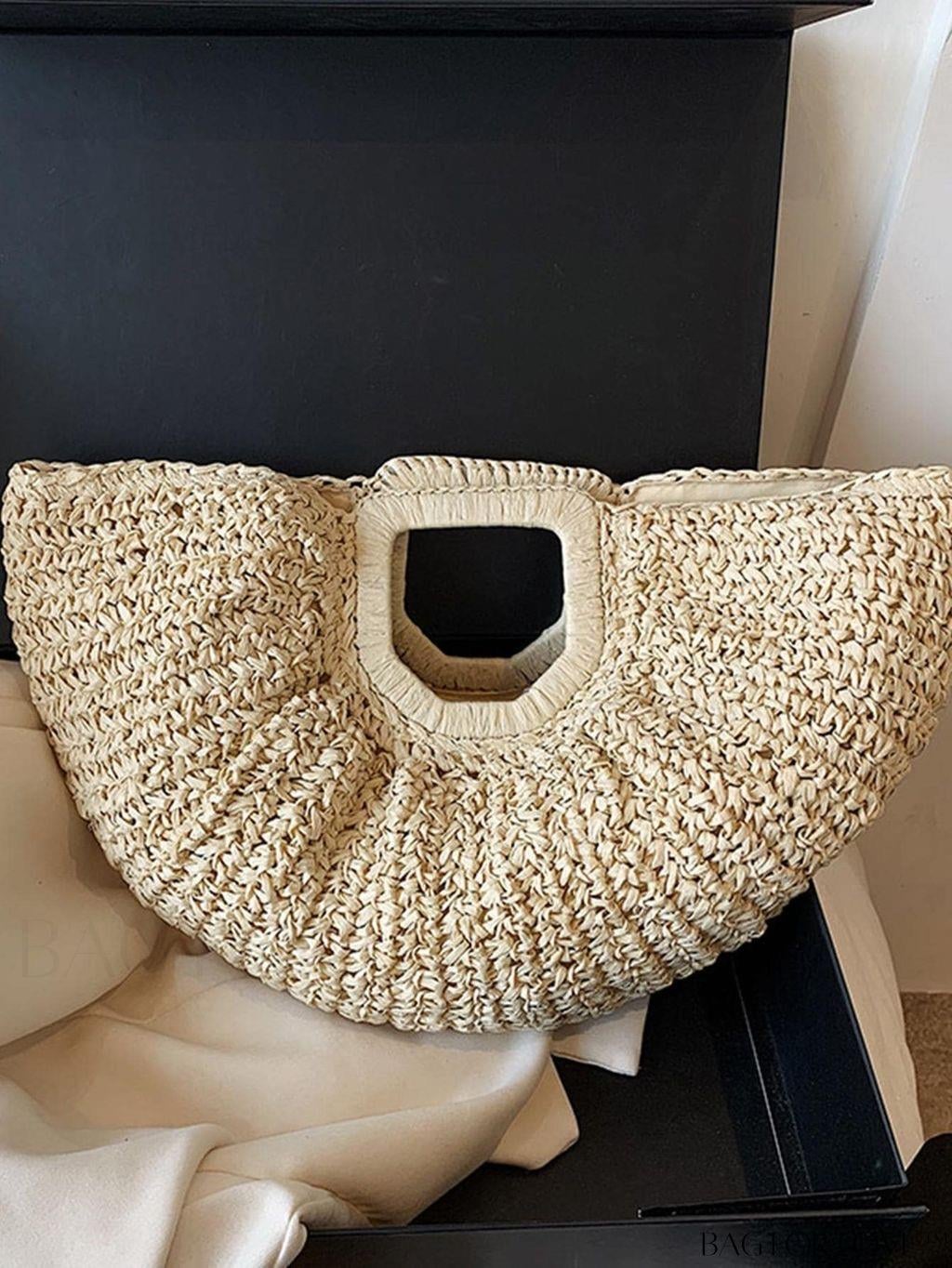 Bej Hasır El Örgüsü Kadın Oval El Çantası 
