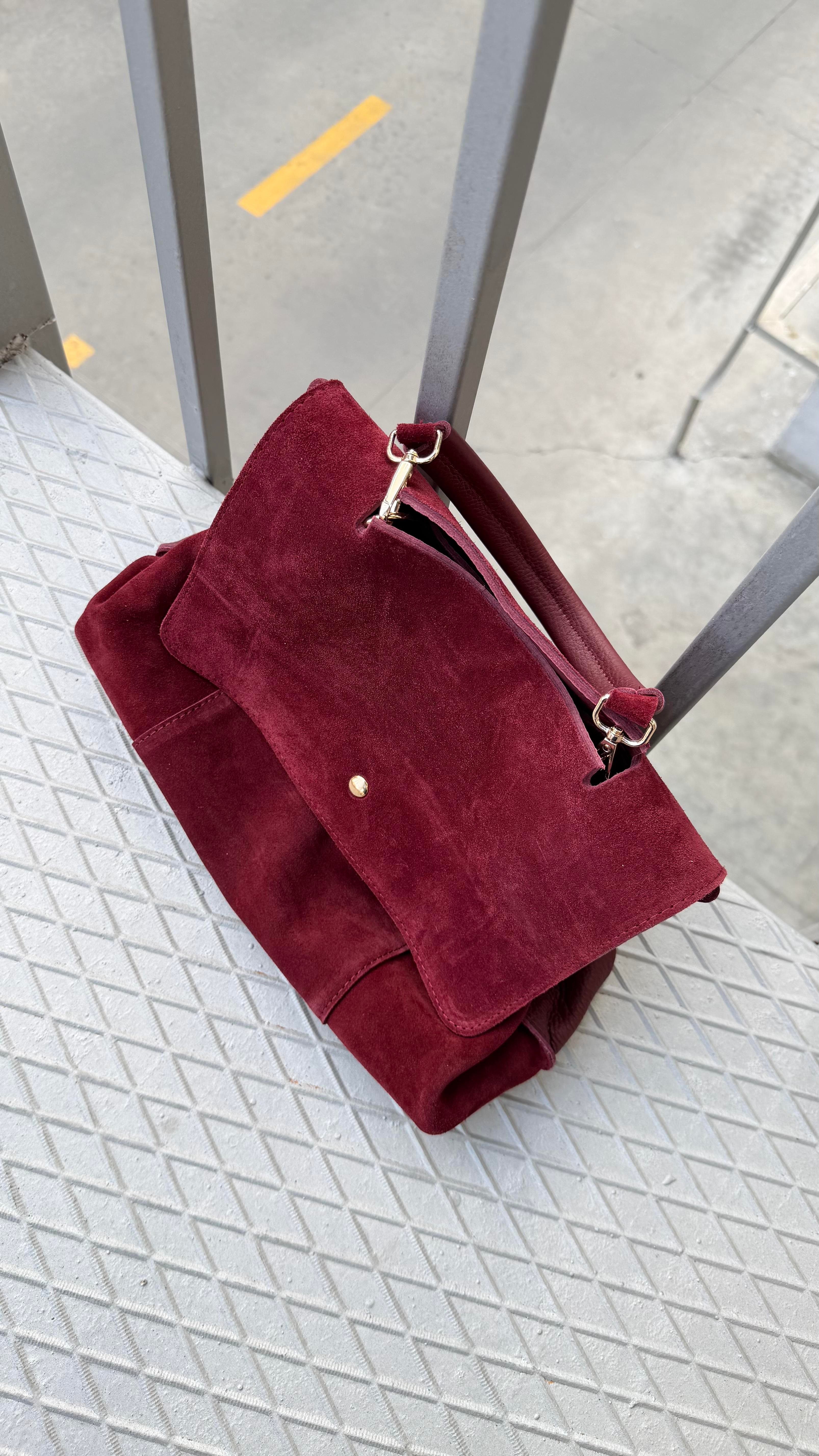 Hakiki Süet Bordo Tutma Saplı Salaş Çanta 