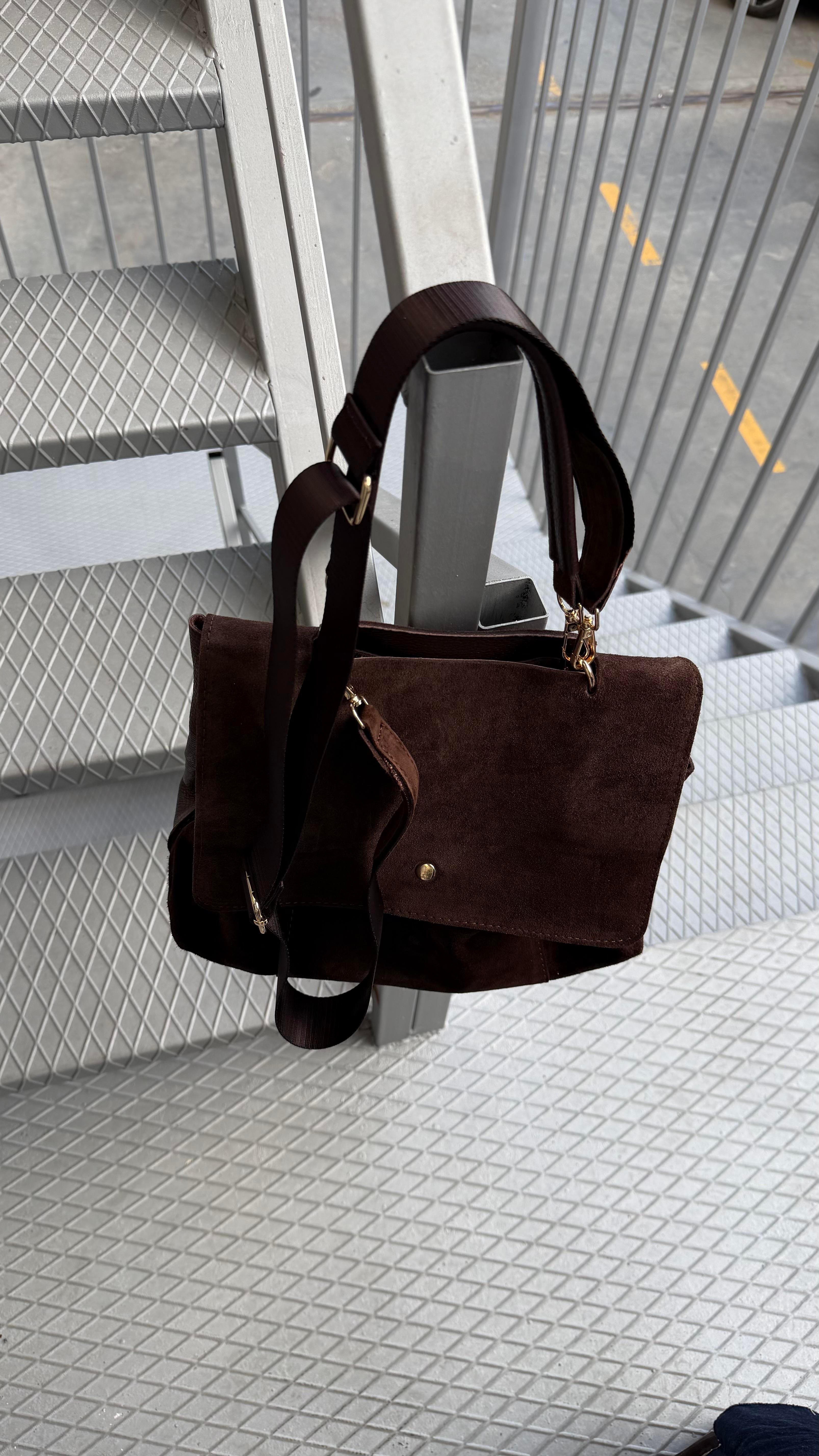 Hakiki Süet Deri Acıkahve Tutma Saplı Salaş Çanta 