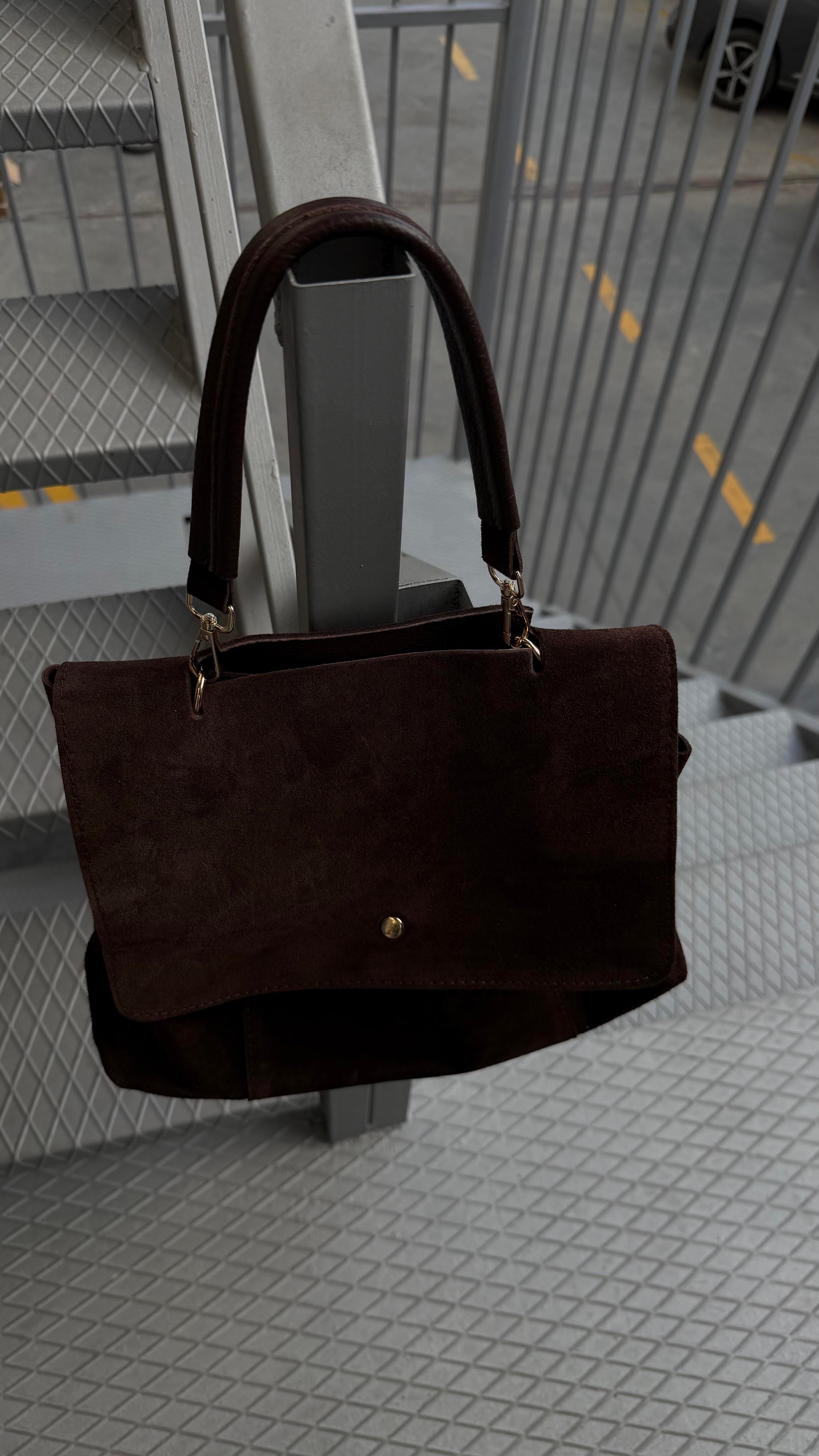 Hakiki Süet Deri Acıkahve Tutma Saplı Salaş Çanta 