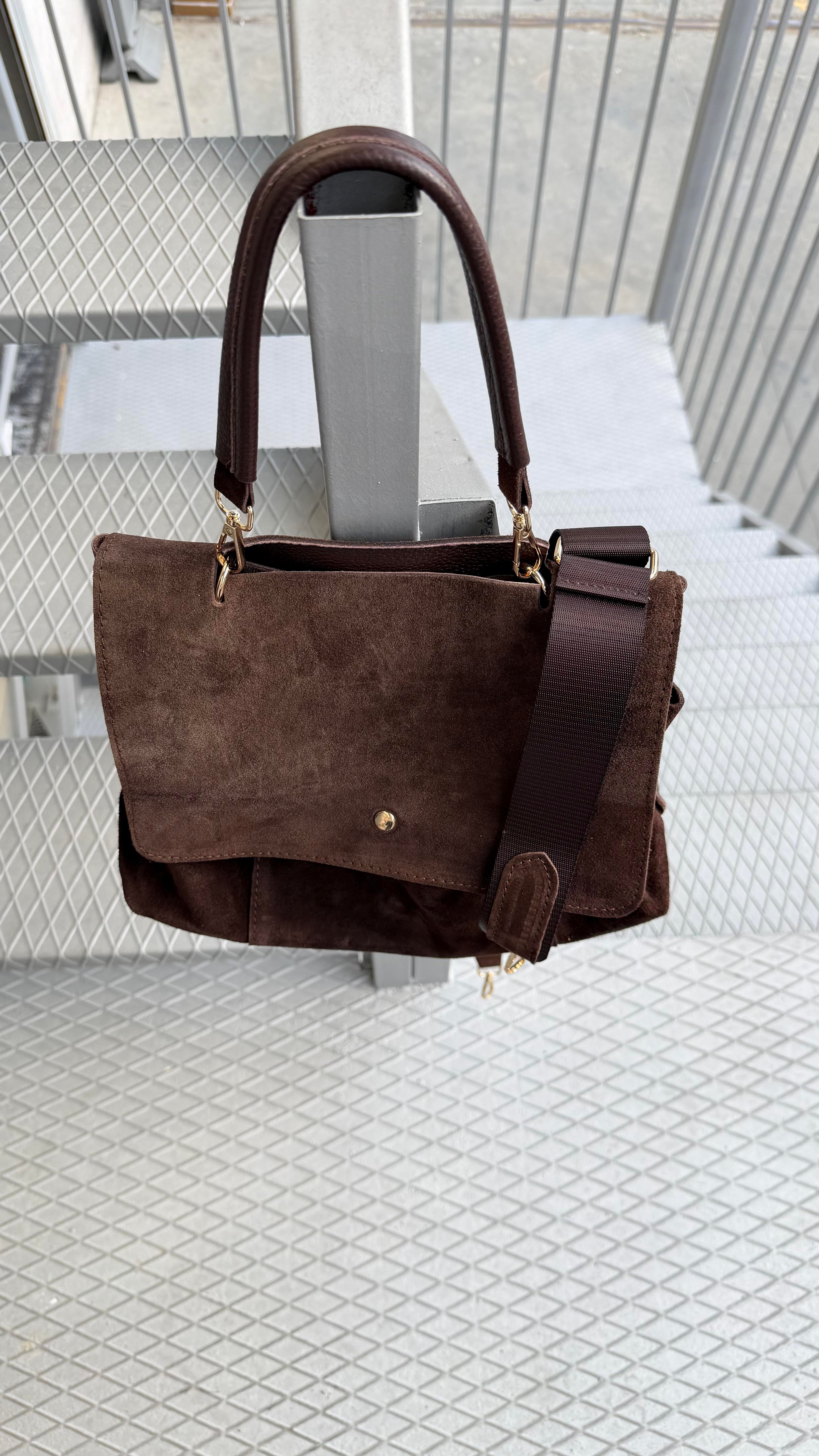 Hakiki Süet Deri Acıkahve Tutma Saplı Salaş Çanta 