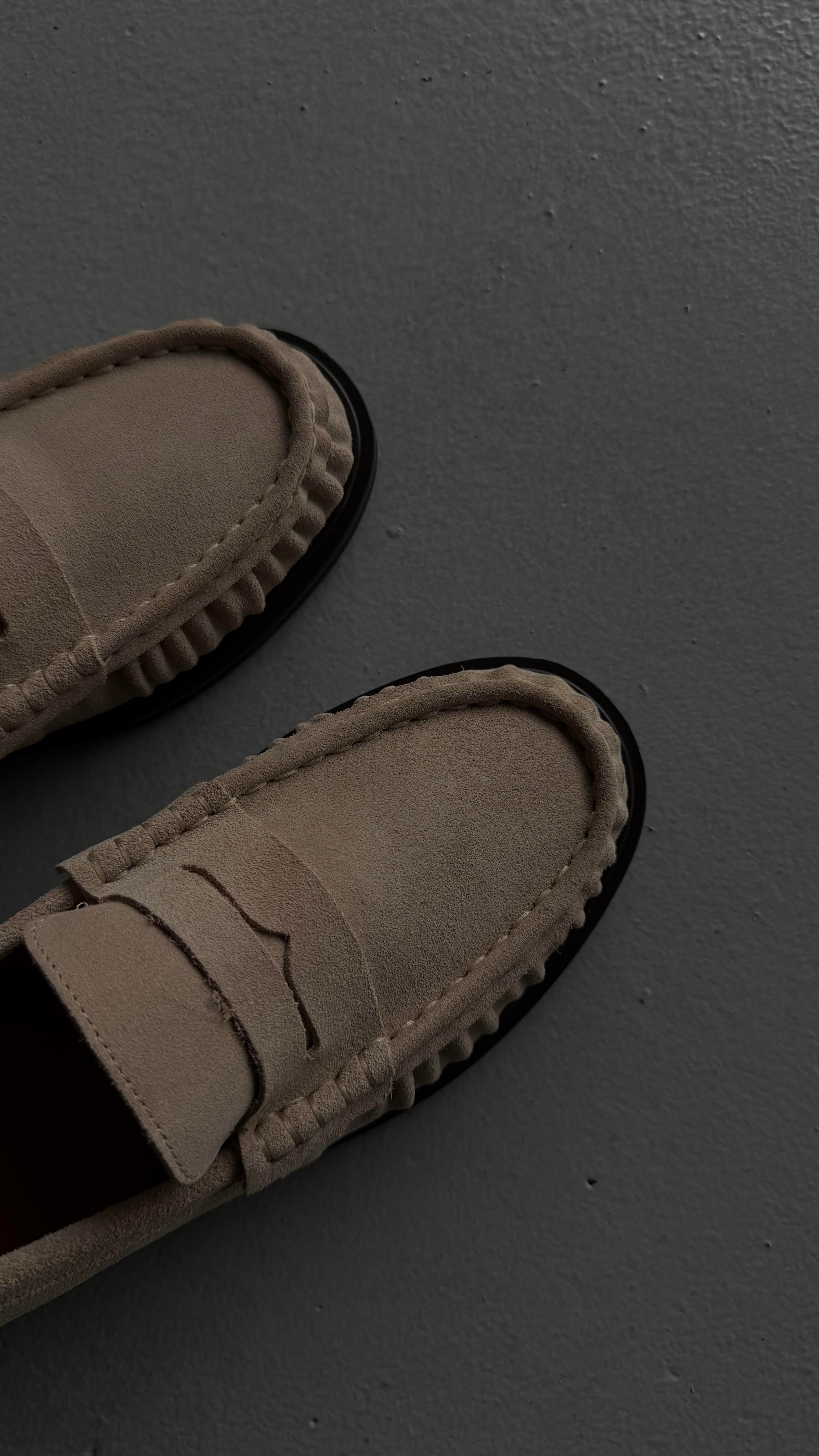 Kadın Büzgülü Gerçek Deri Oxford Loafer Günlük Ayakkabı Bej