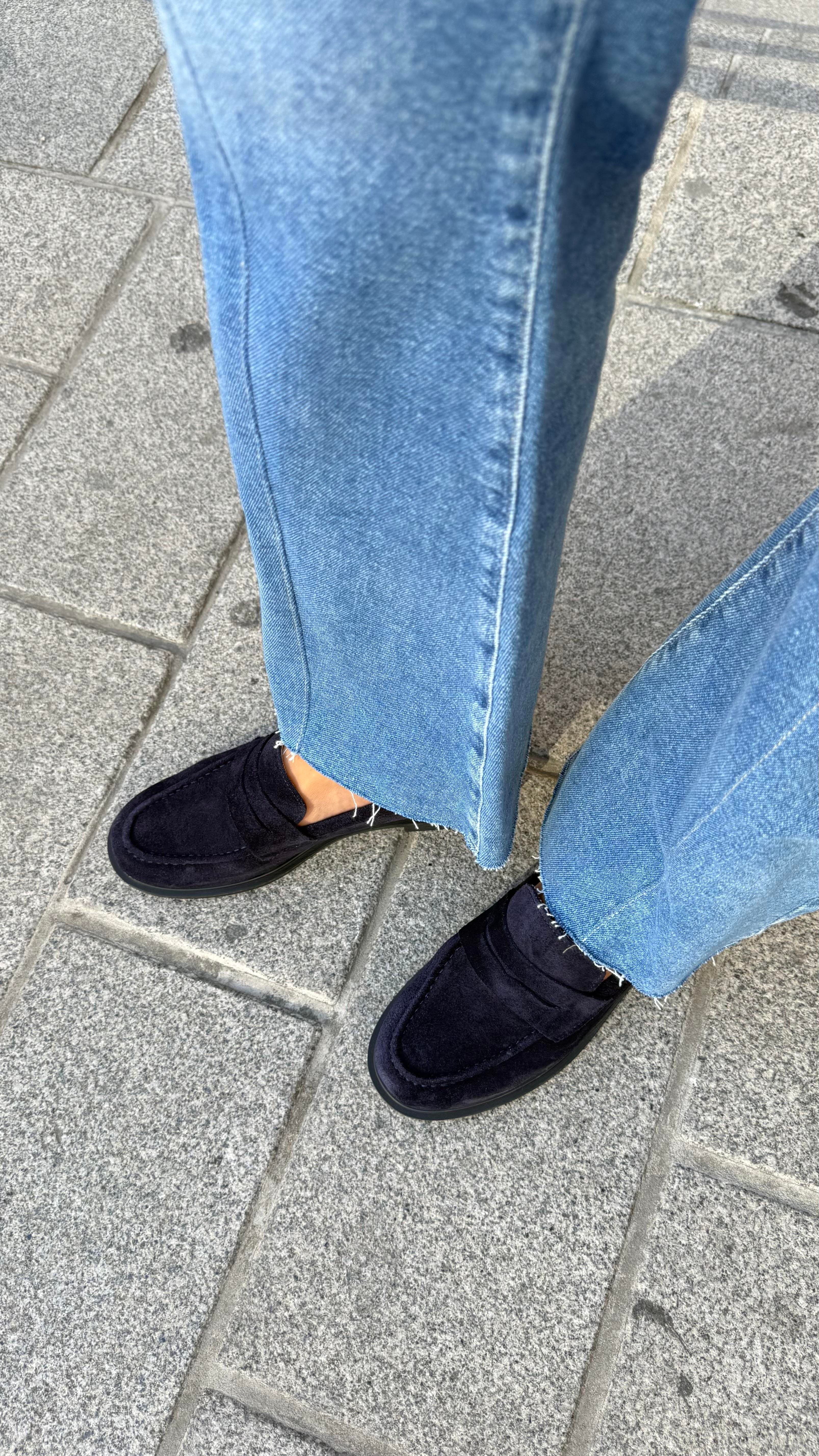 Kadın Düz Gerçek Deri Oxford Loafer Günlük Ayakkabı Lacivert