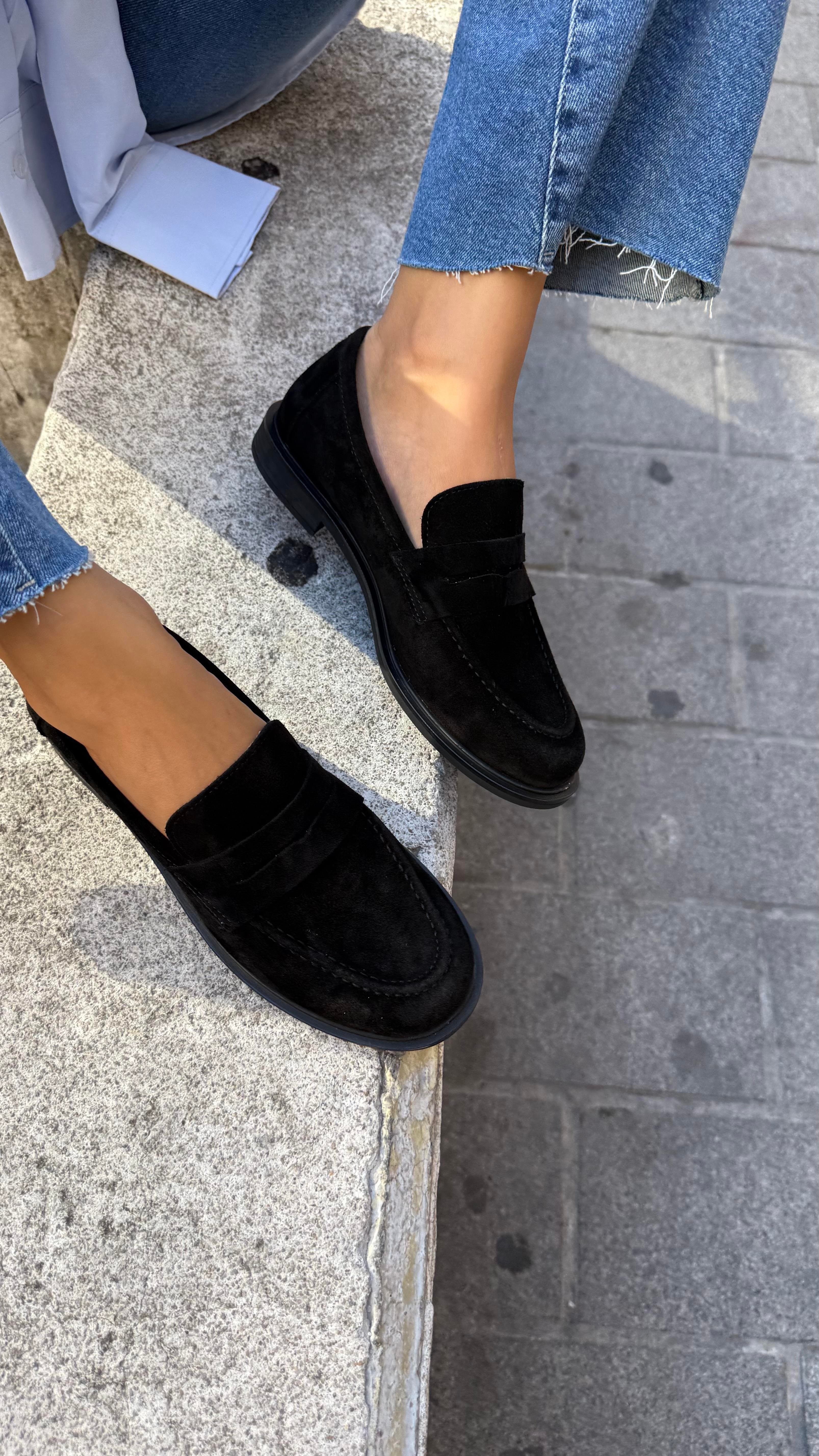Kadın Düz Gerçek Deri Oxford Loafer Günlük Ayakkabı Siyah