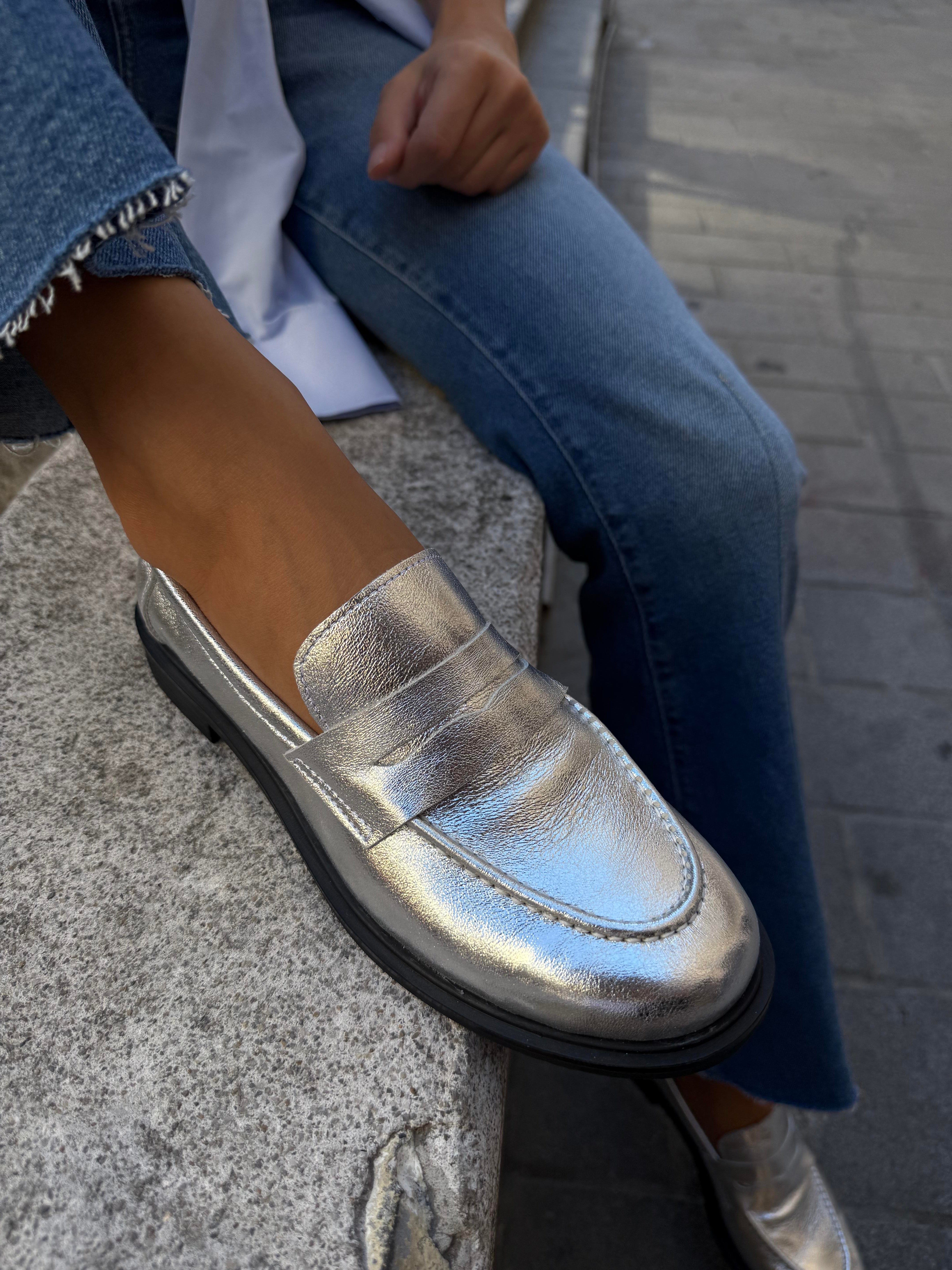 Kadın Düz Gerçek Deri Oxford Loafer Günlük Ayakkabı Gümüş