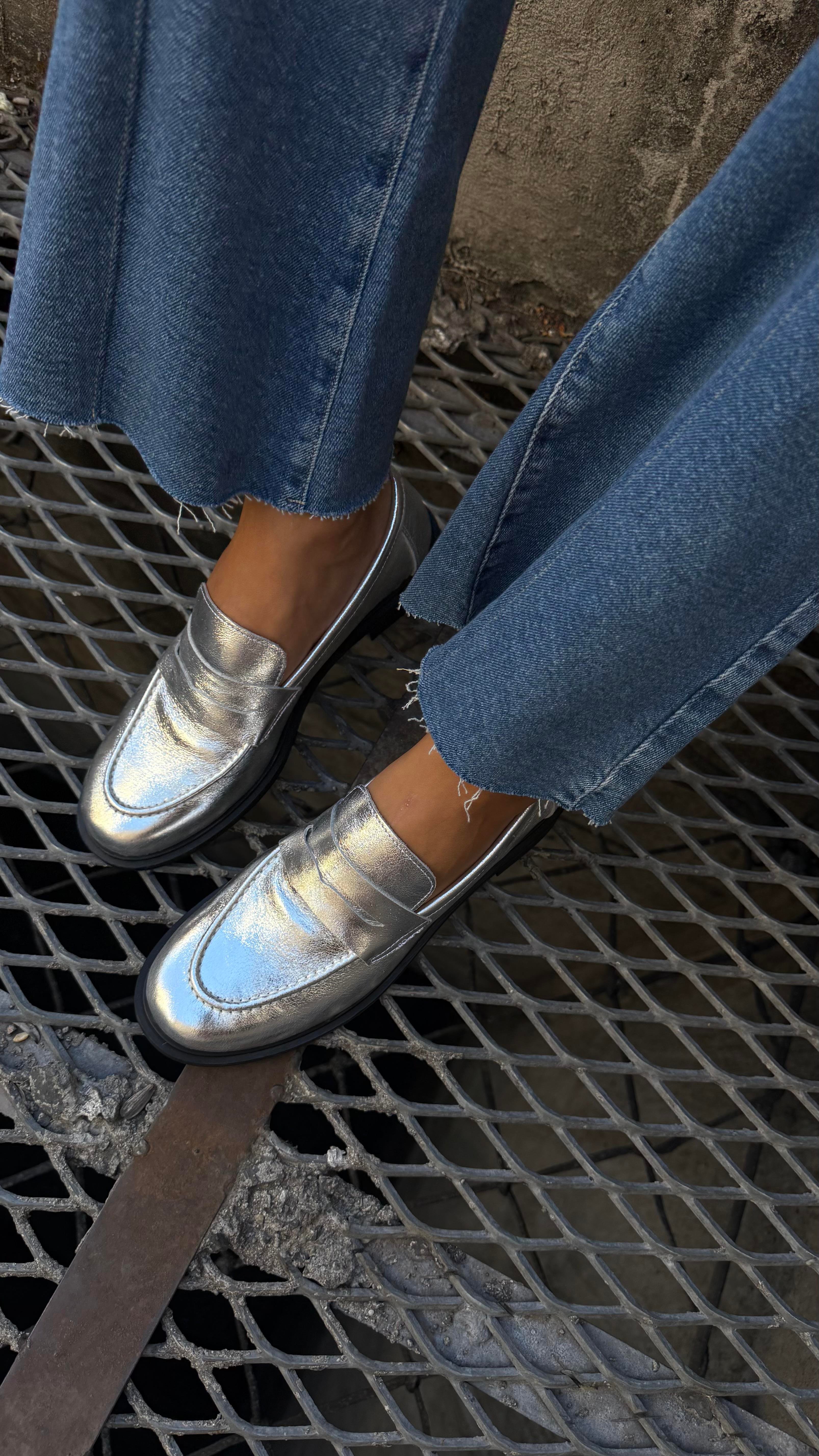 Kadın Düz Gerçek Deri Oxford Loafer Günlük Ayakkabı Gümüş