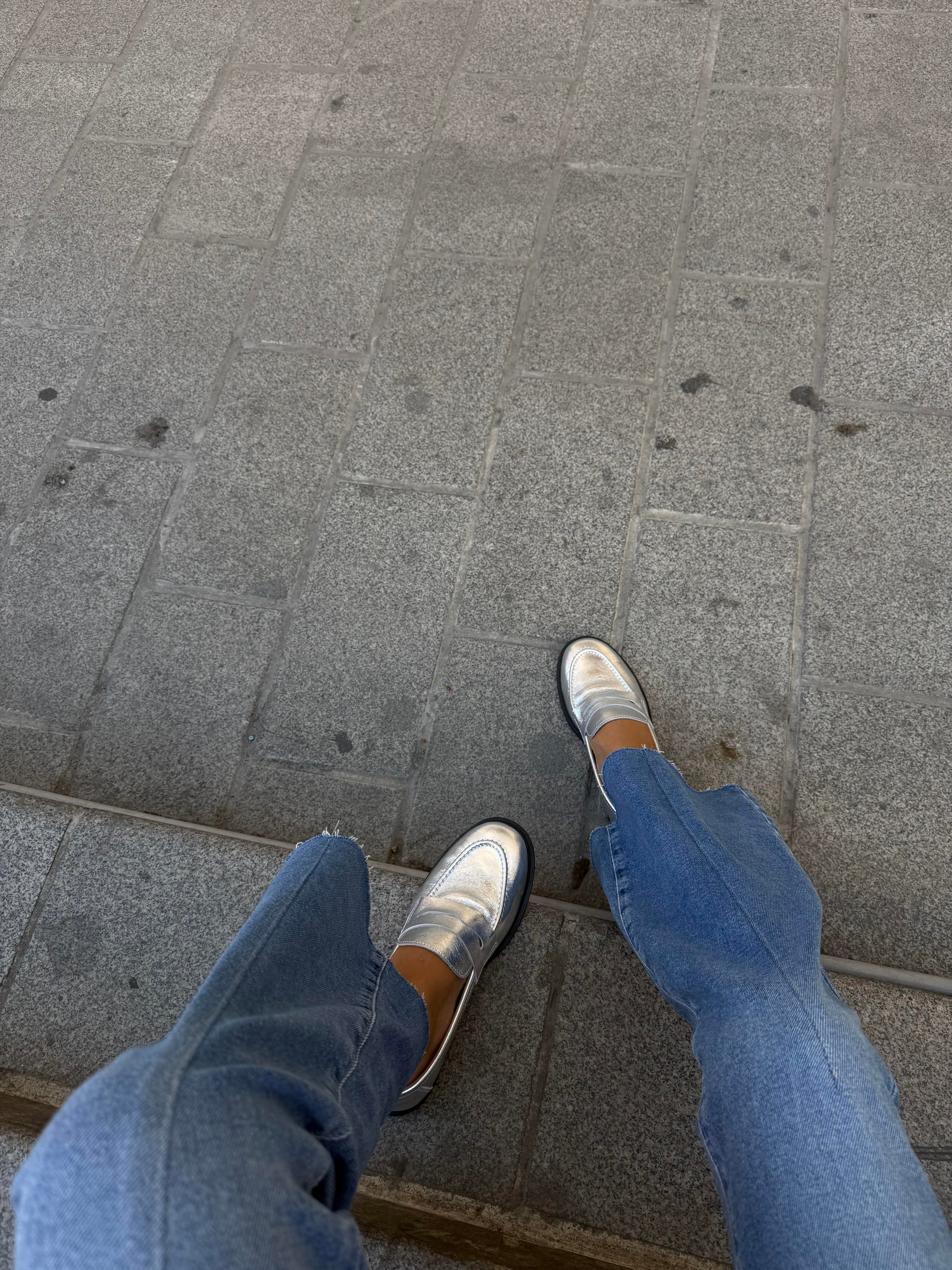 Kadın Düz Gerçek Deri Oxford Loafer Günlük Ayakkabı Gümüş