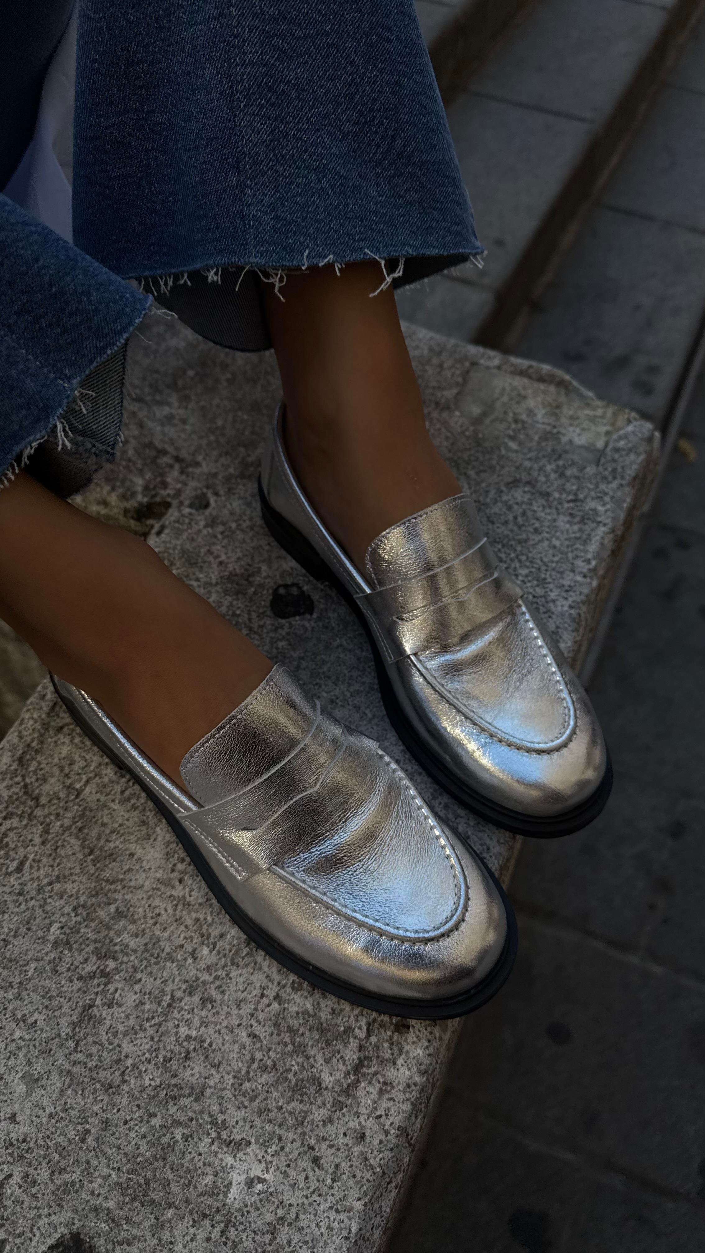 Kadın Düz Gerçek Deri Oxford Loafer Günlük Ayakkabı Gümüş