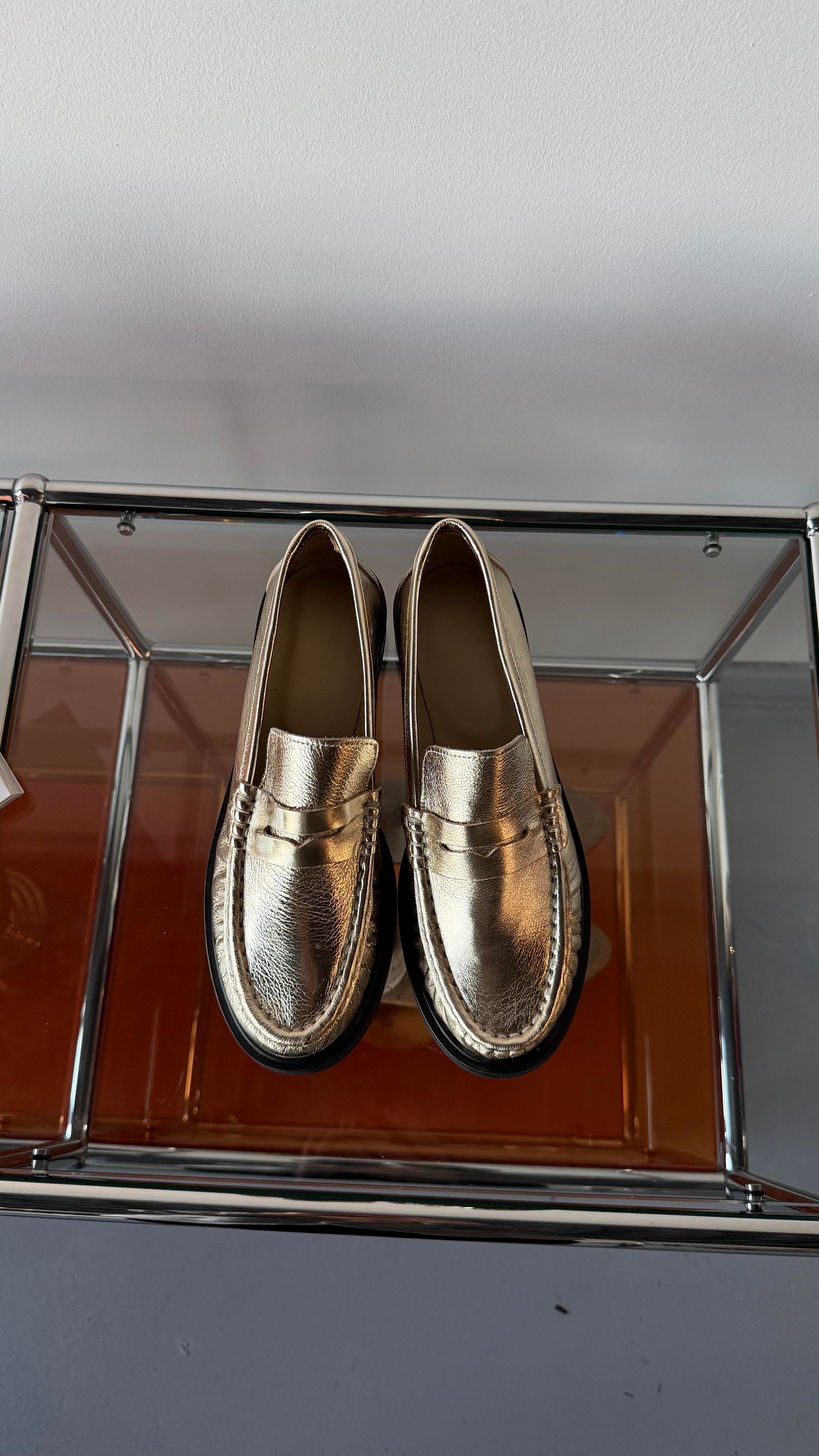 Kadın Lena Gold Büzgülü Gerçek Deri Oxford Loafer Günlük Ayakkabı