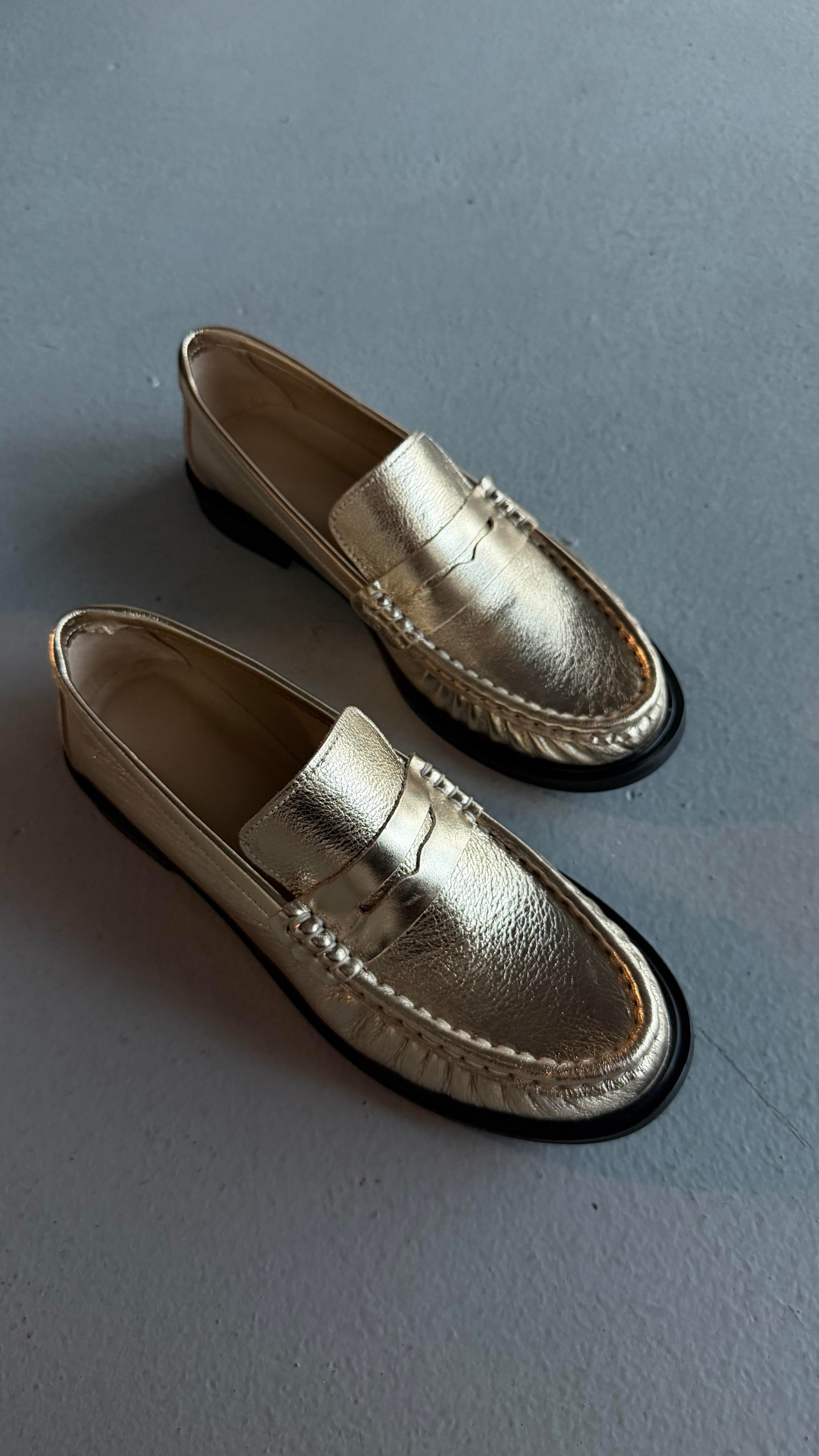Kadın Lena Gold Büzgülü Gerçek Deri Oxford Loafer Günlük Ayakkabı