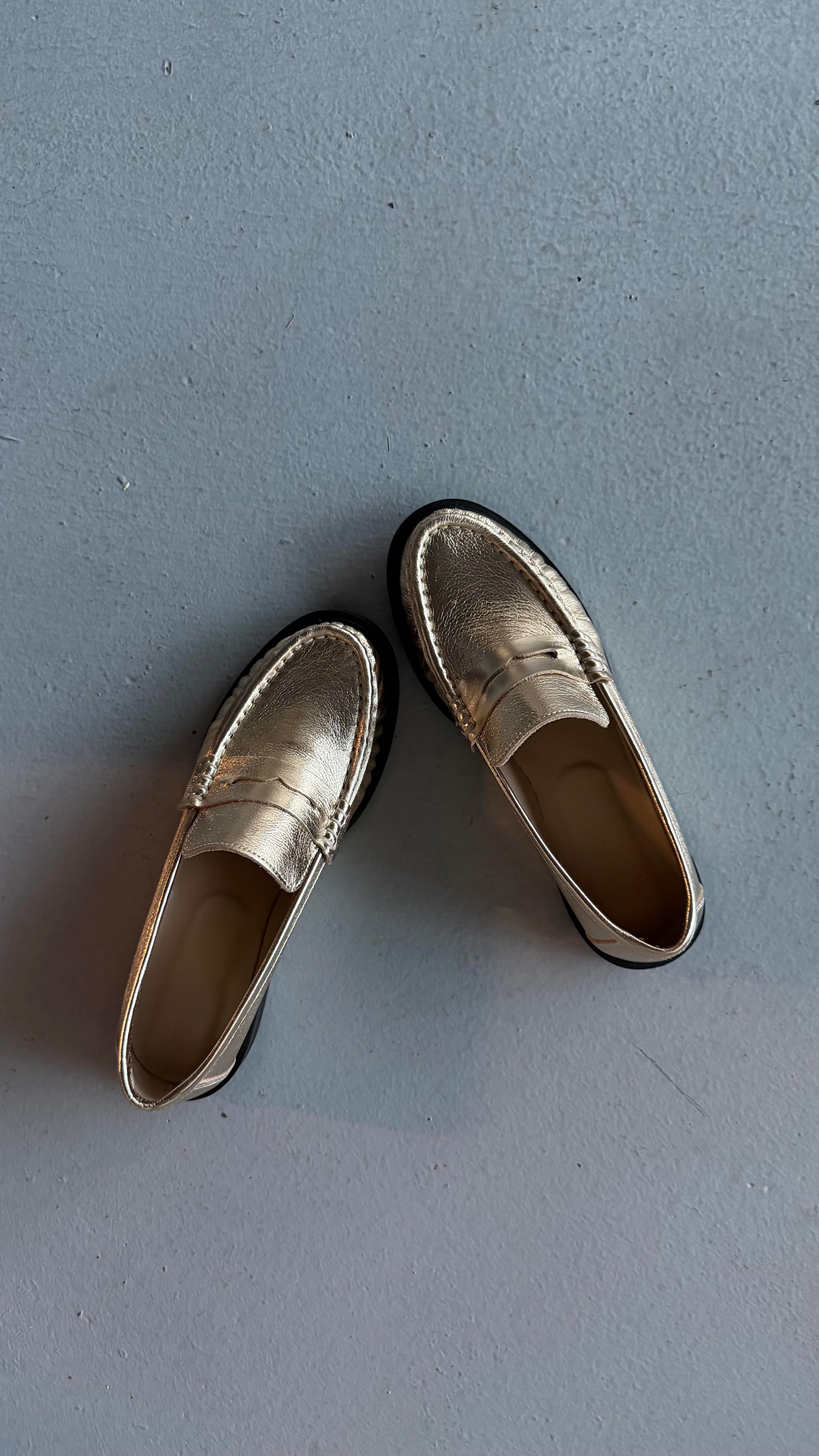 Kadın Lena Gold Büzgülü Gerçek Deri Oxford Loafer Günlük Ayakkabı