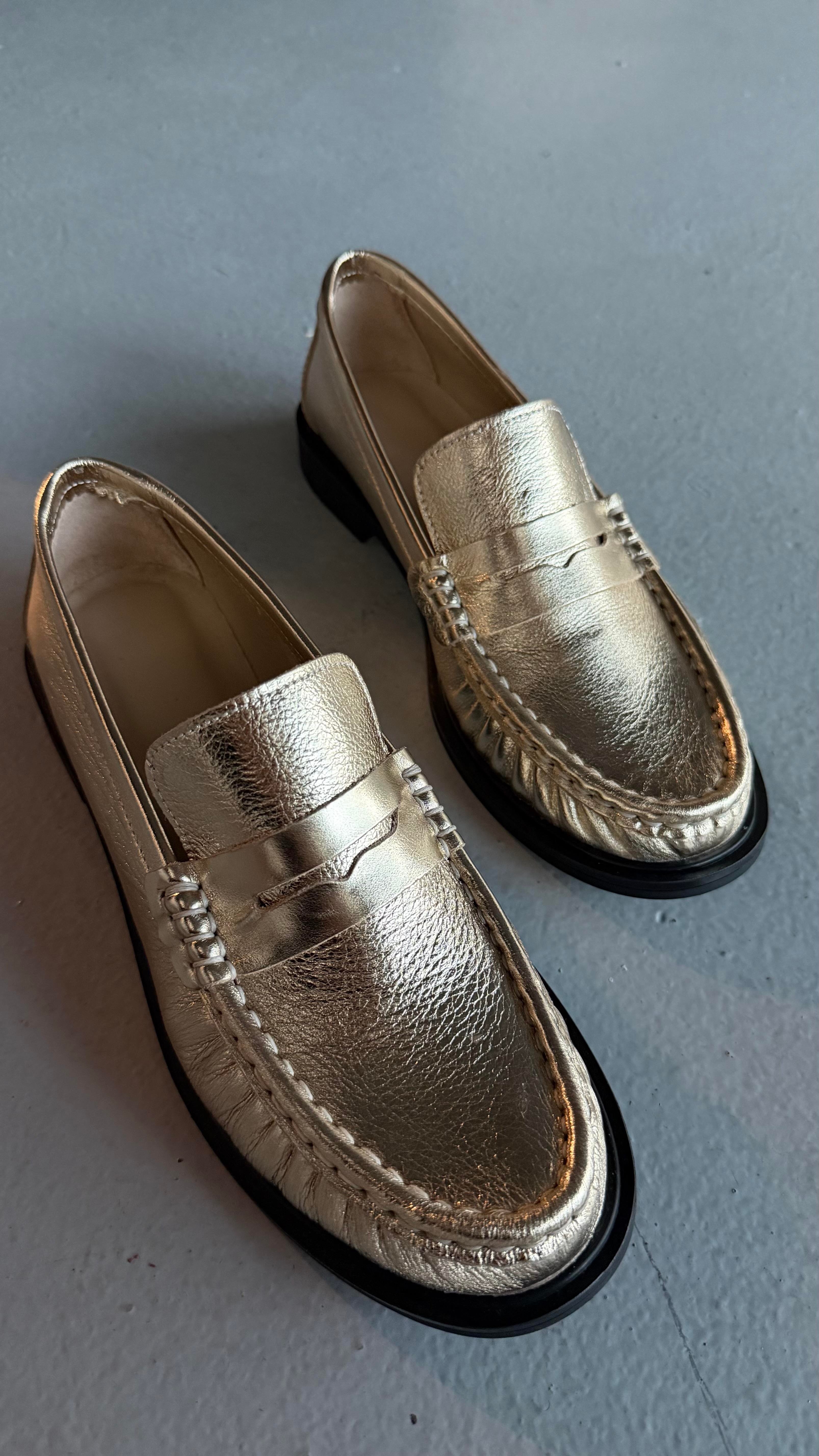 Kadın Lena Gold Büzgülü Gerçek Deri Oxford Loafer Günlük Ayakkabı