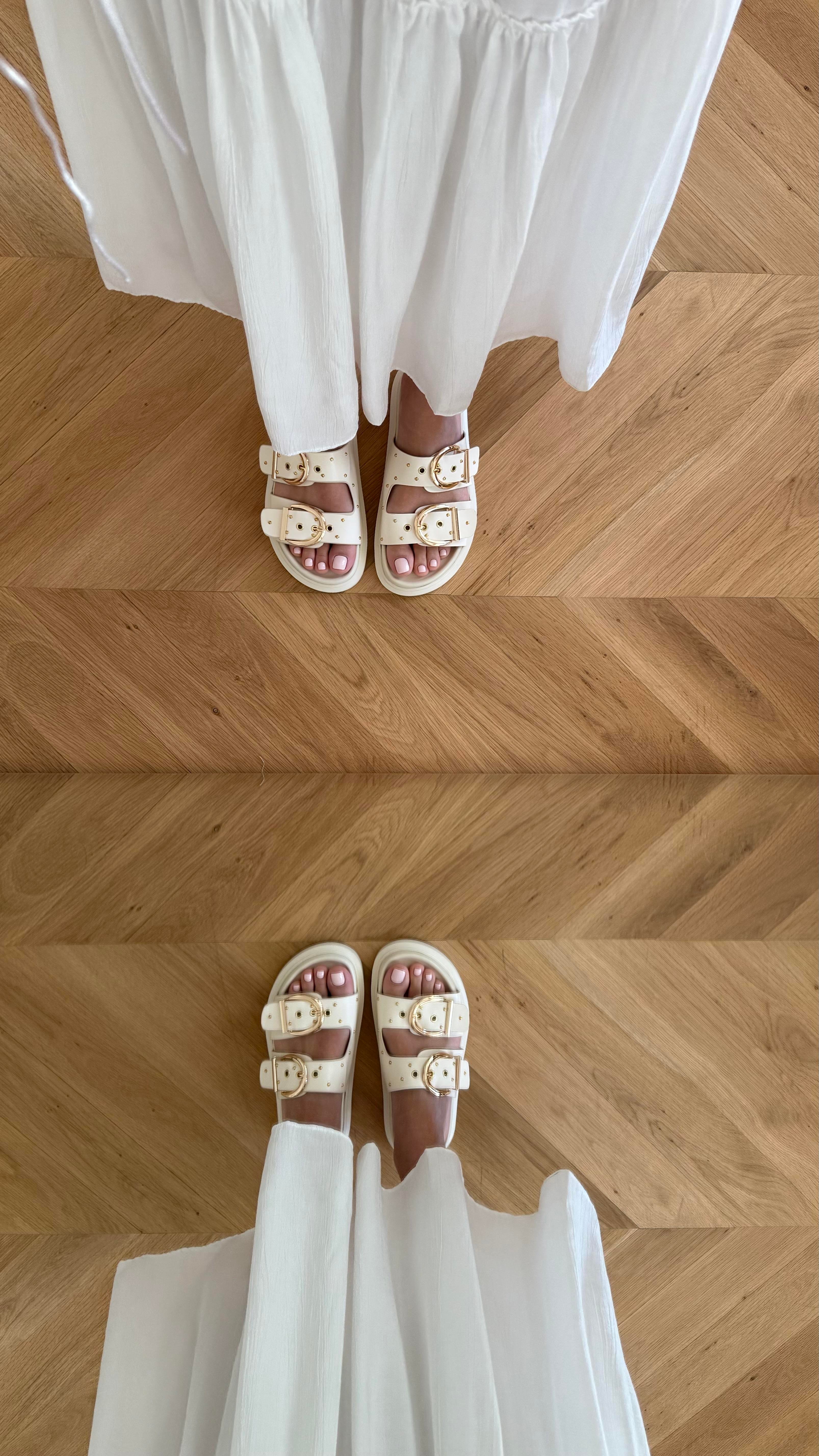 Kalın Çift Bantlı Bej Kadın Terlik