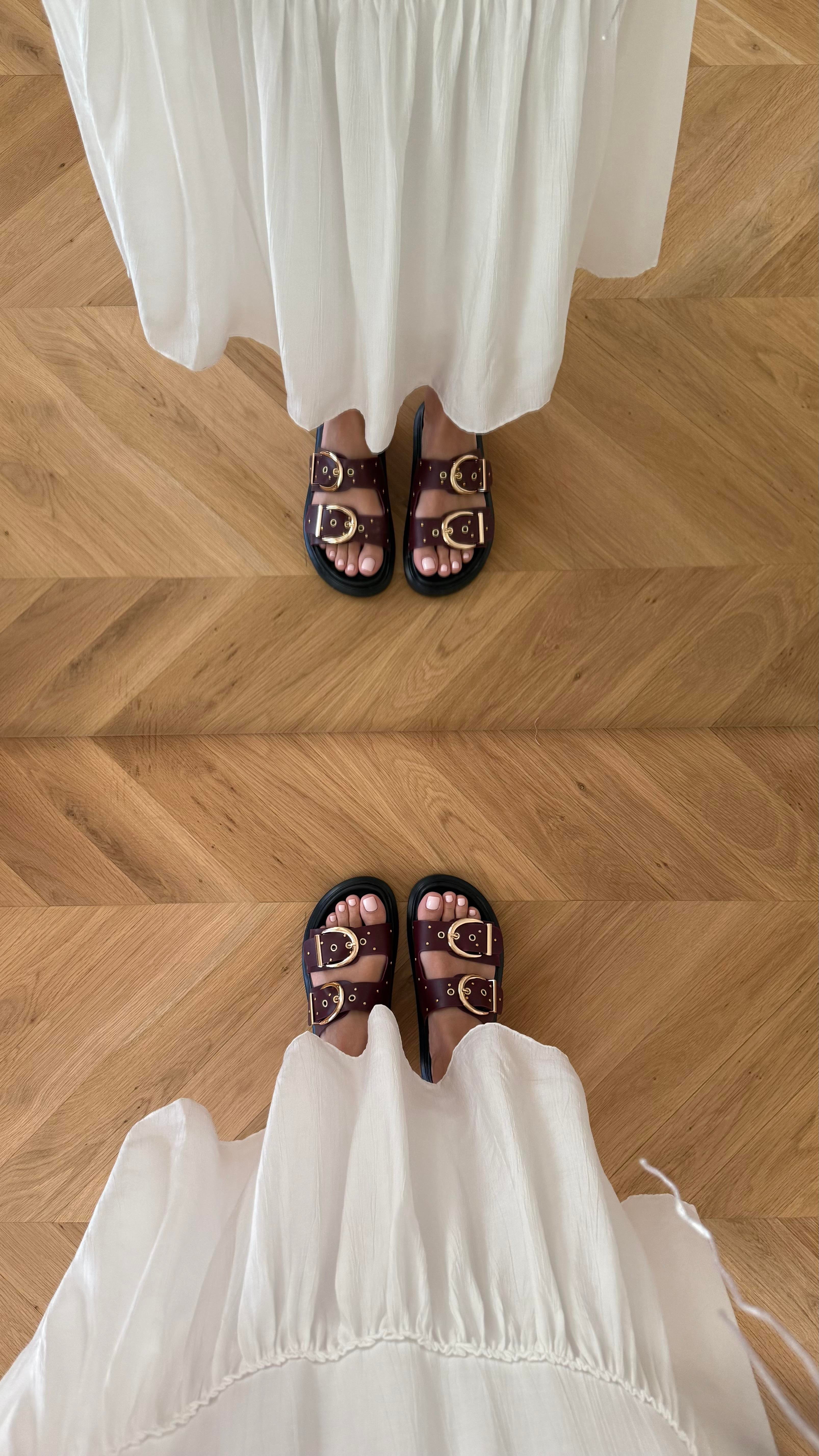 Kalın Çift Bantlı Bordo Kadın Terlik