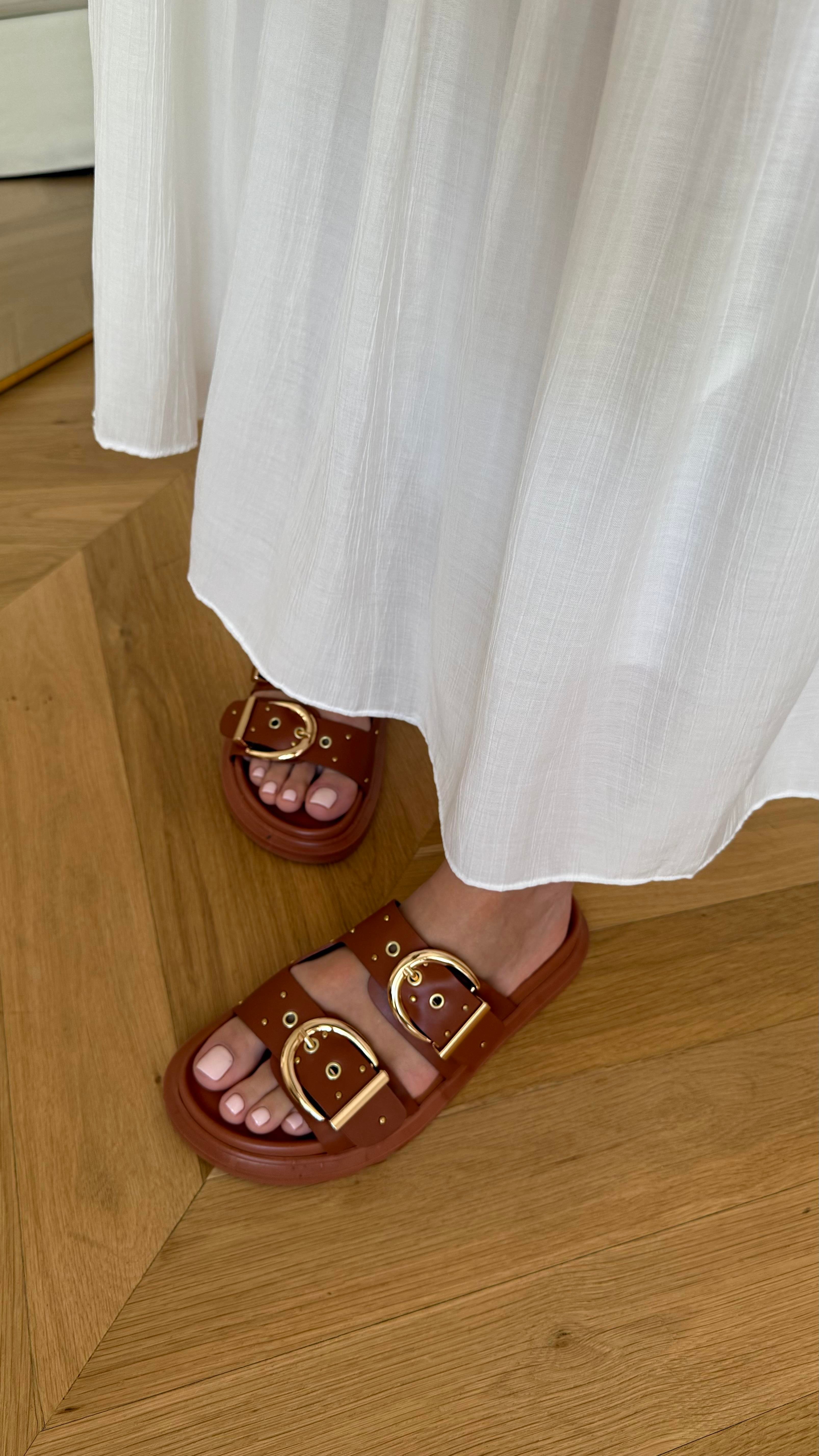 Kalın Çift Bantlı Taba Kadın Terlik