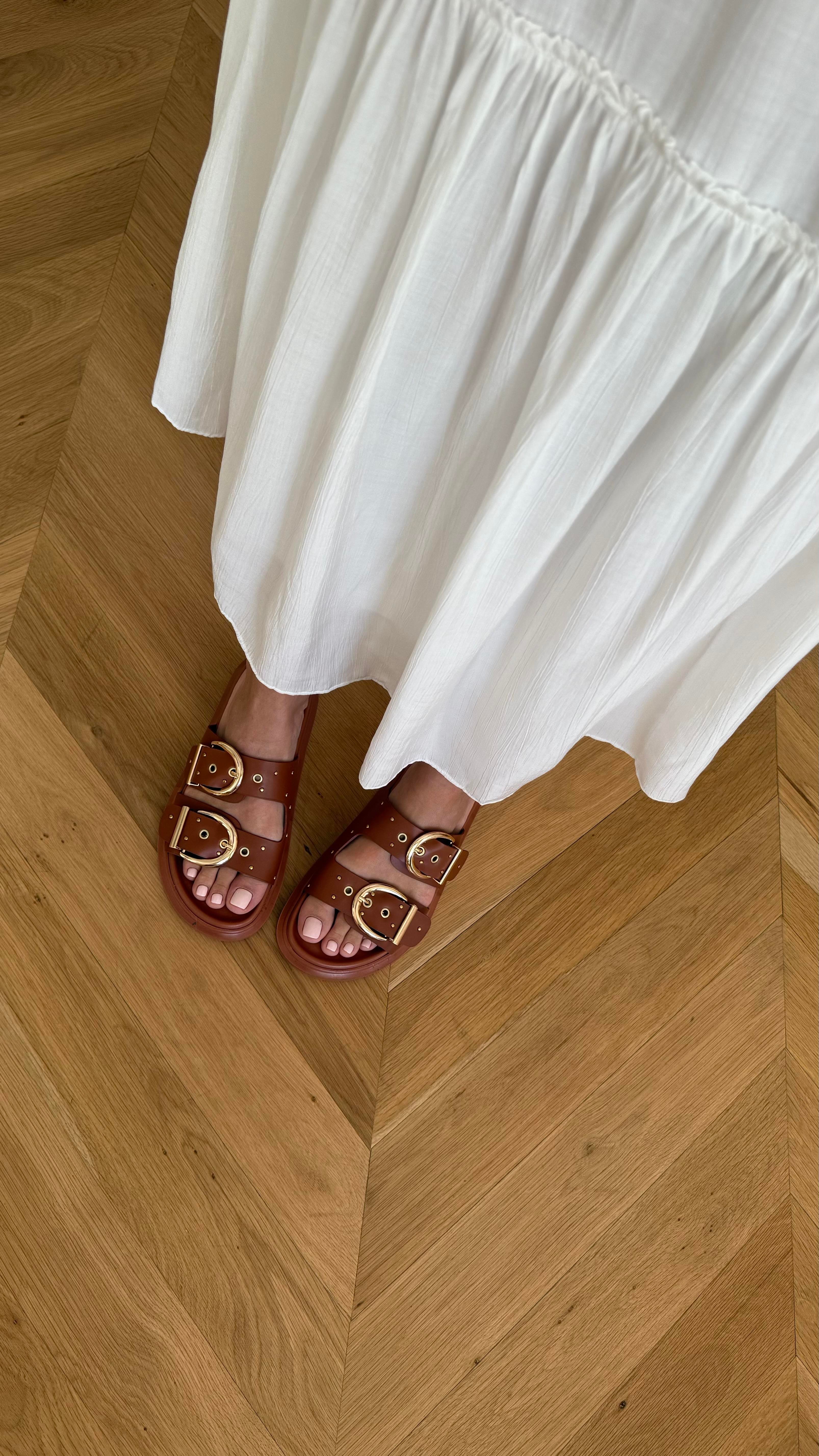 Kalın Çift Bantlı Taba Kadın Terlik