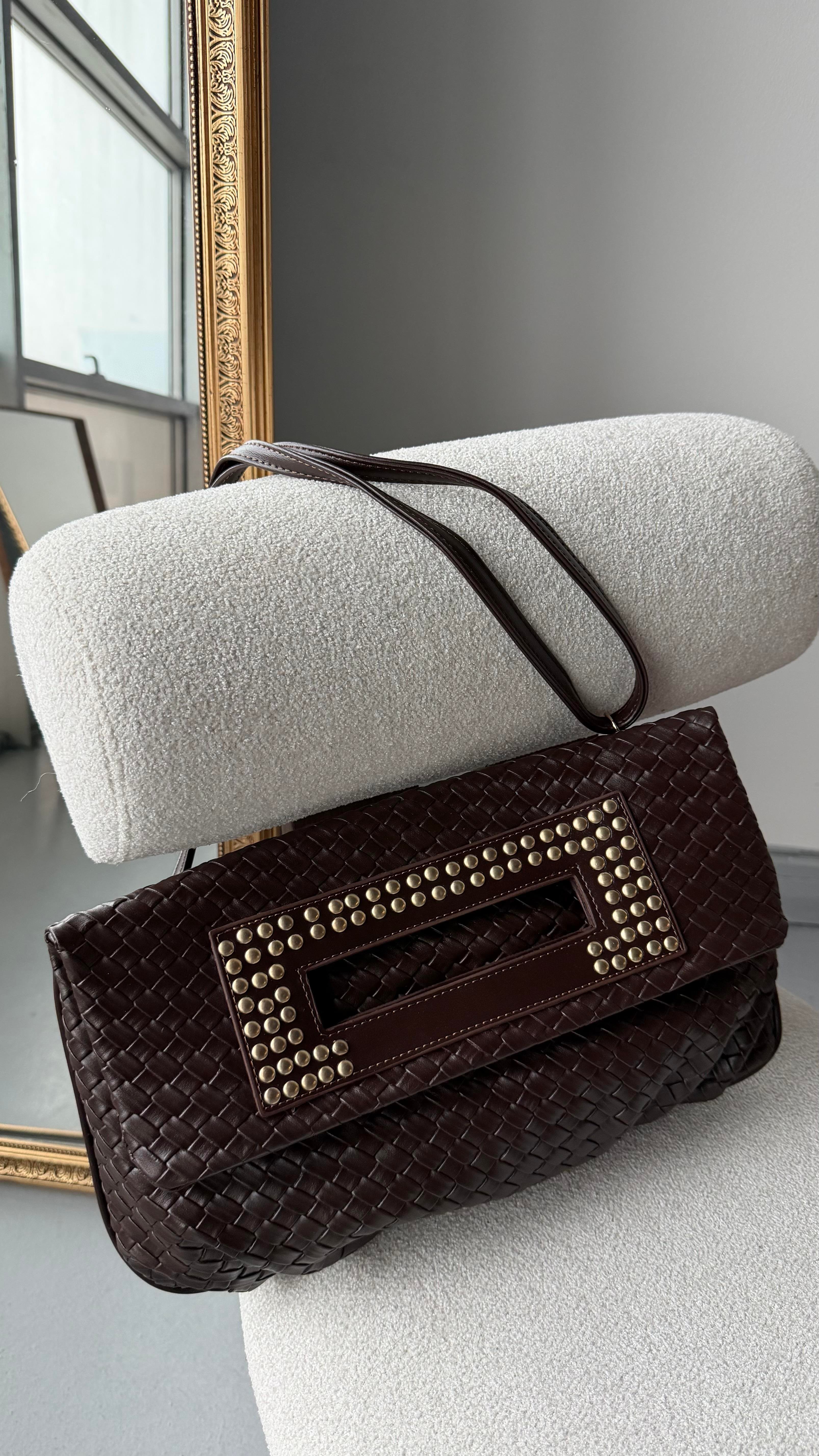 Quiet Rouge Acıkahve Örgü Deri Clutch Çanta