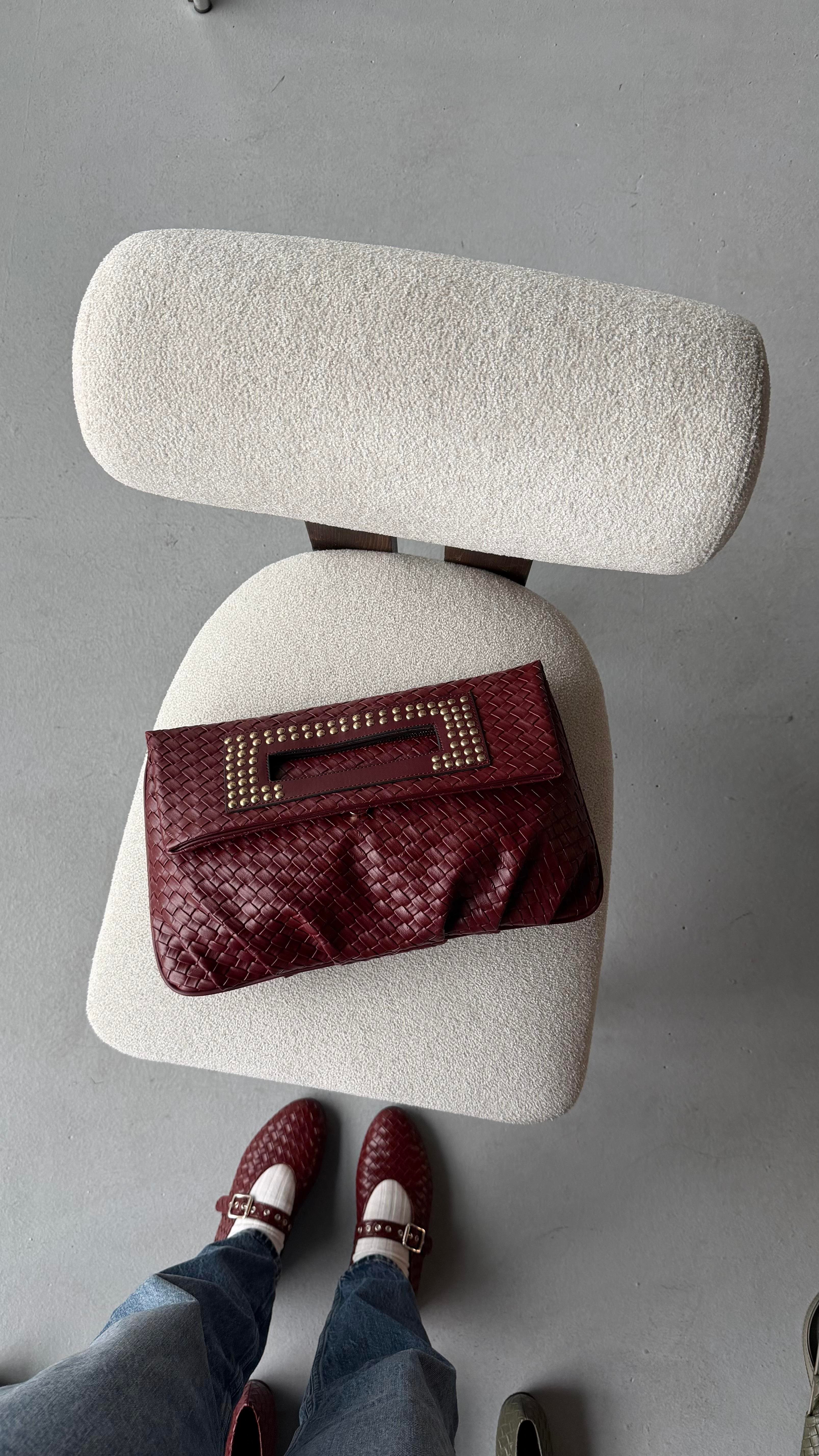 Quiet Rouge Bordo Örgü Deri Clutch Çanta