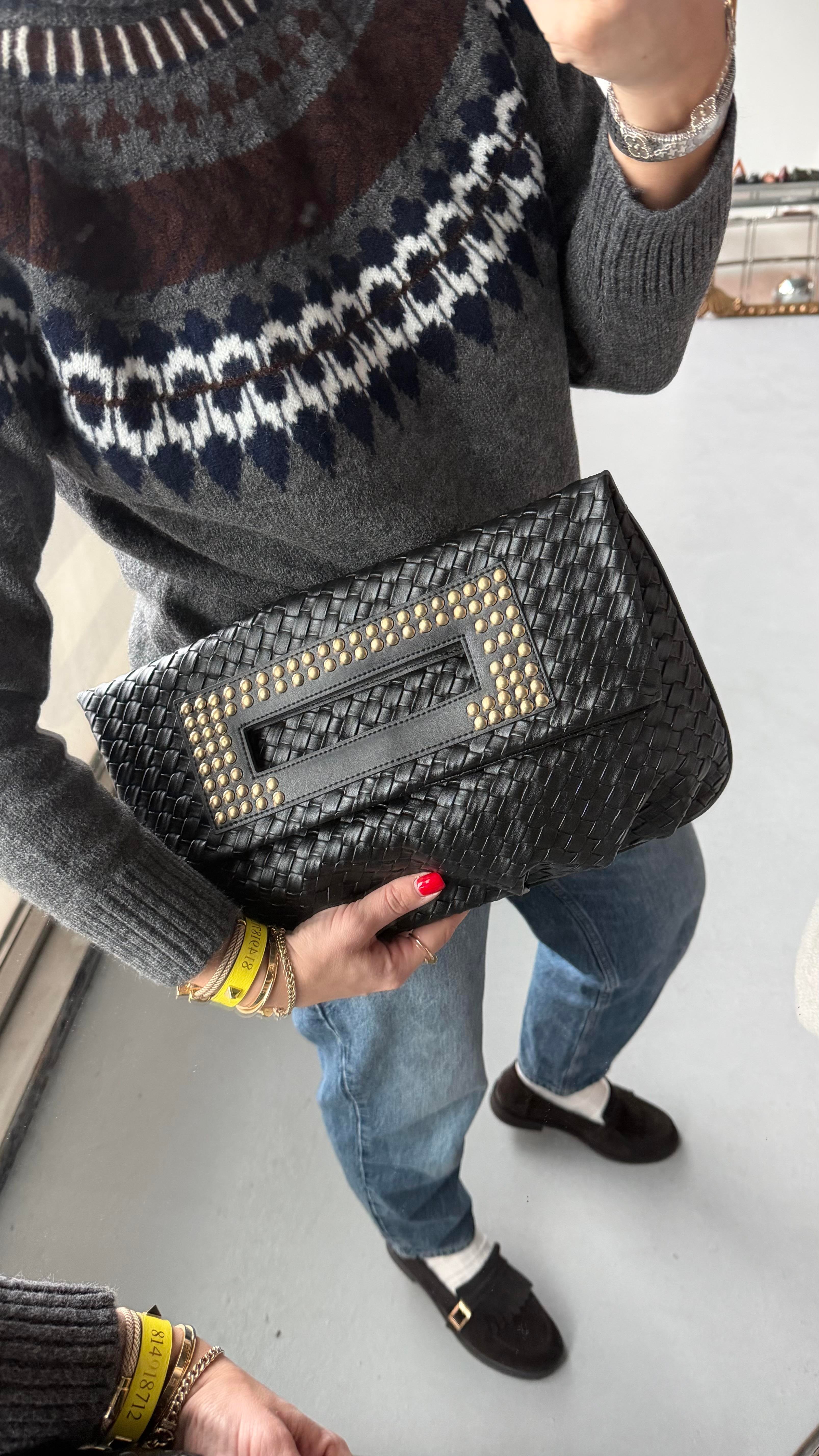 Quiet Rouge Siyah Örgü Deri Clutch Çanta