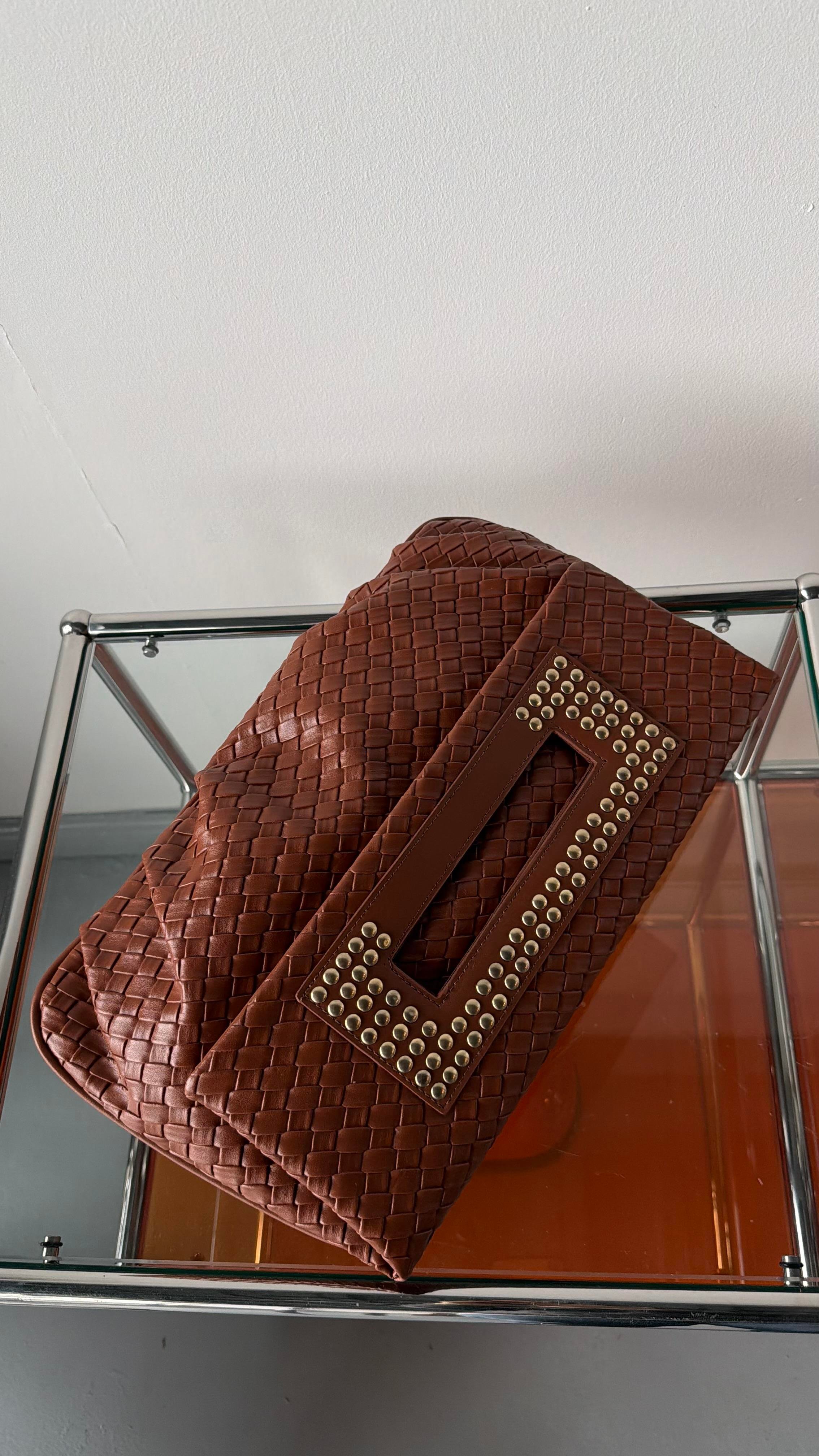 Quiet Rouge Taba Örgü Deri Clutch Çanta