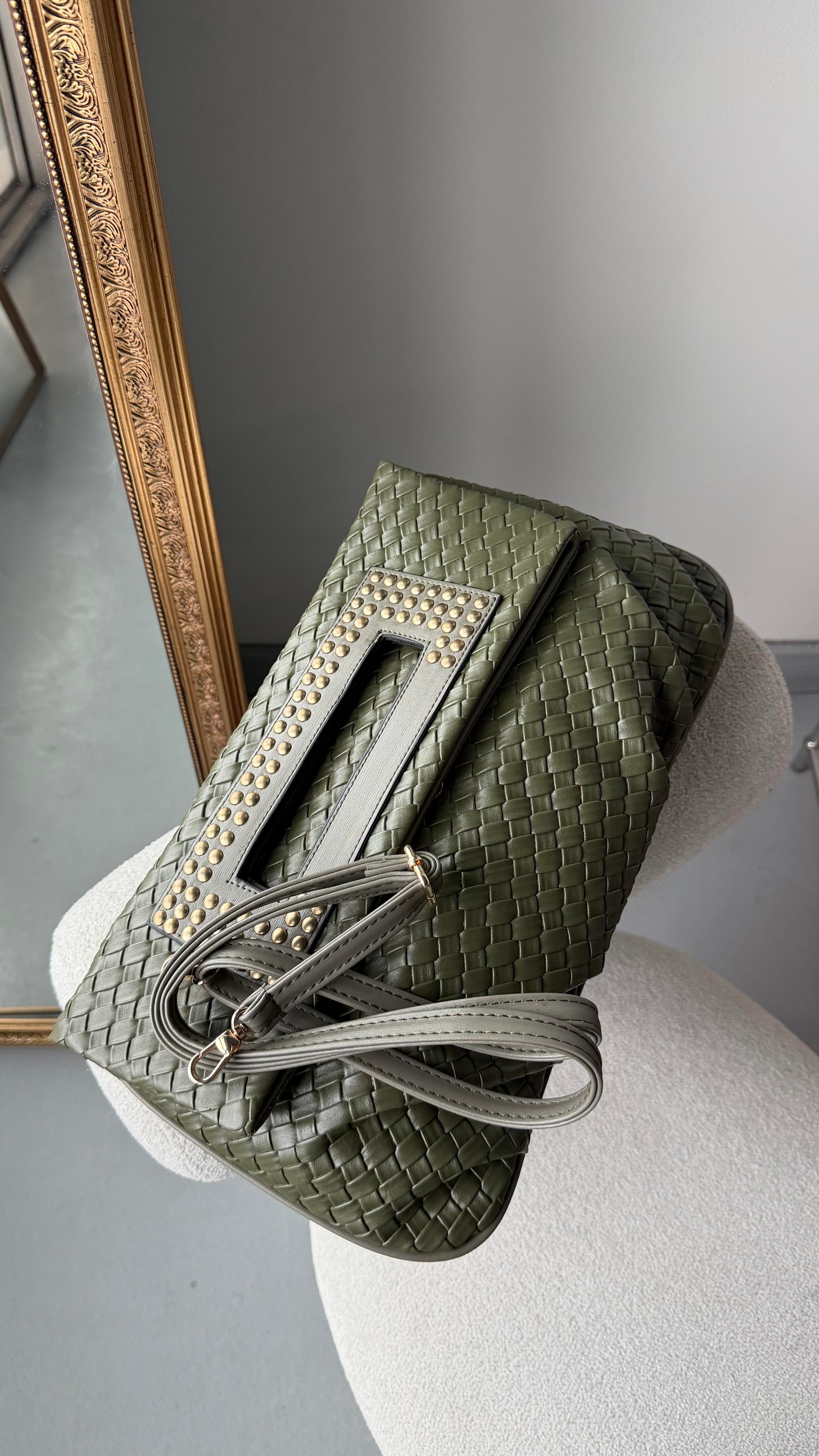 Quiet Rouge Yeşil Örgü Deri Clutch Çanta