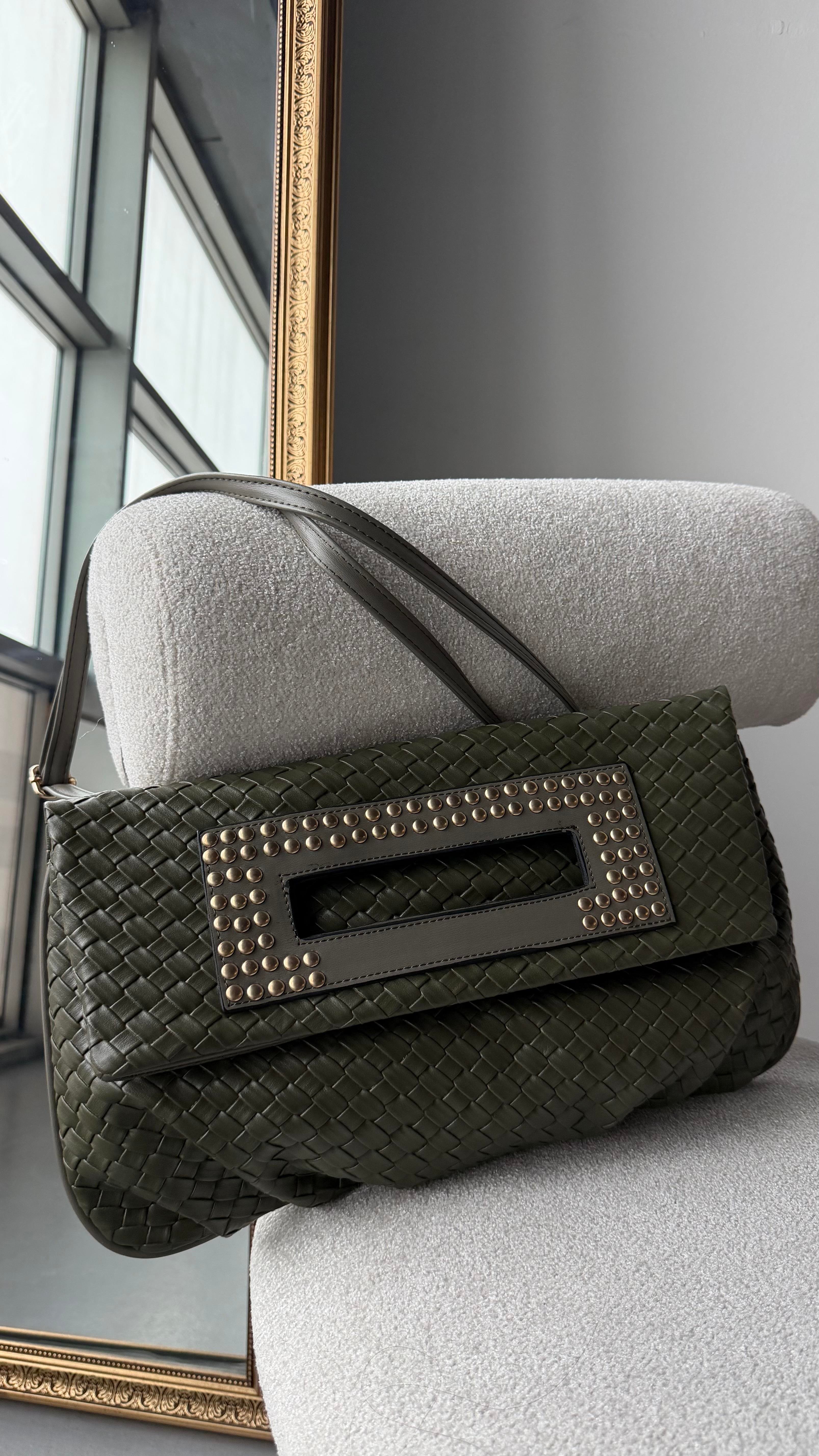 Quiet Rouge Yeşil Örgü Deri Clutch Çanta