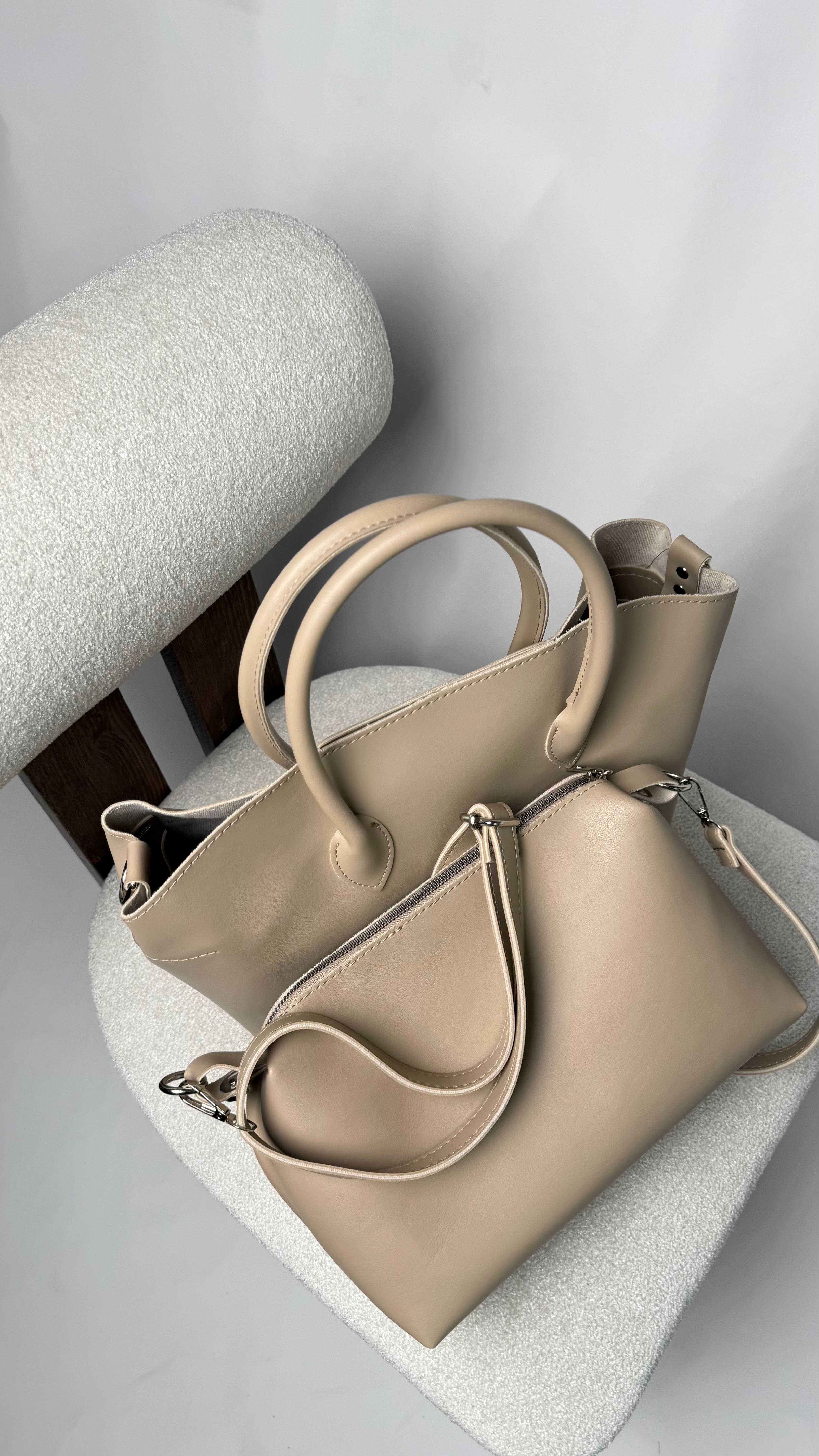 Tote Model Büyük Boy Yavrulu El ve ÇApraz Çanta Bej