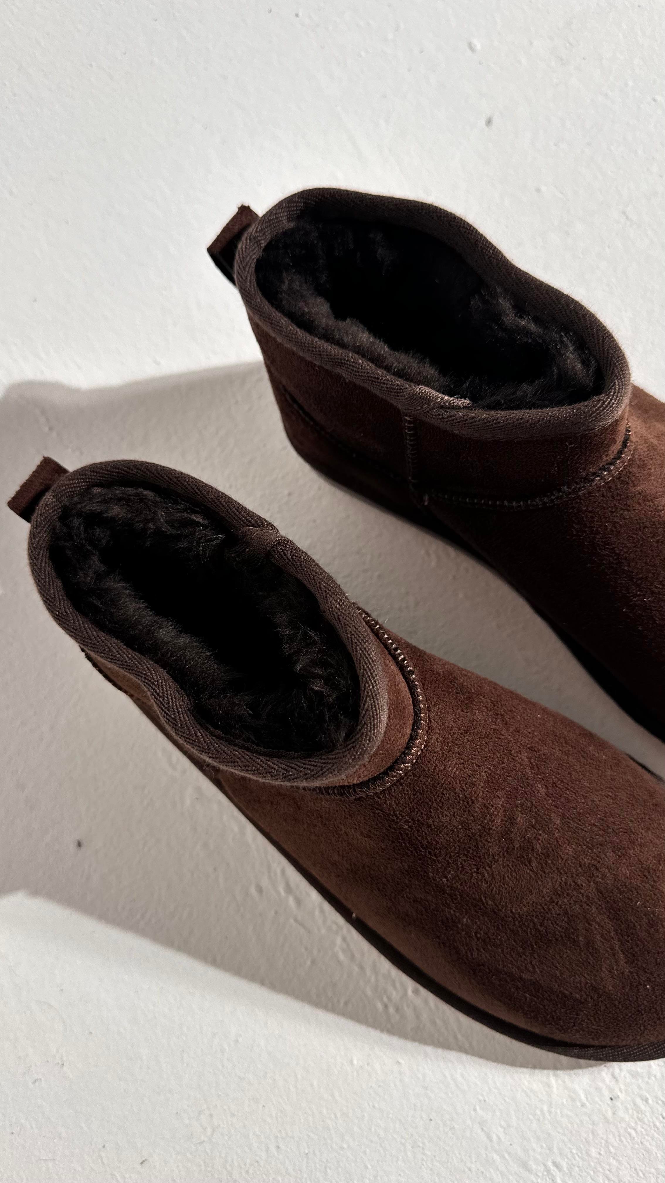 Ultra Mini Acıkahve Süet İçi Tüylü Düz Taban Bilekte Bot 