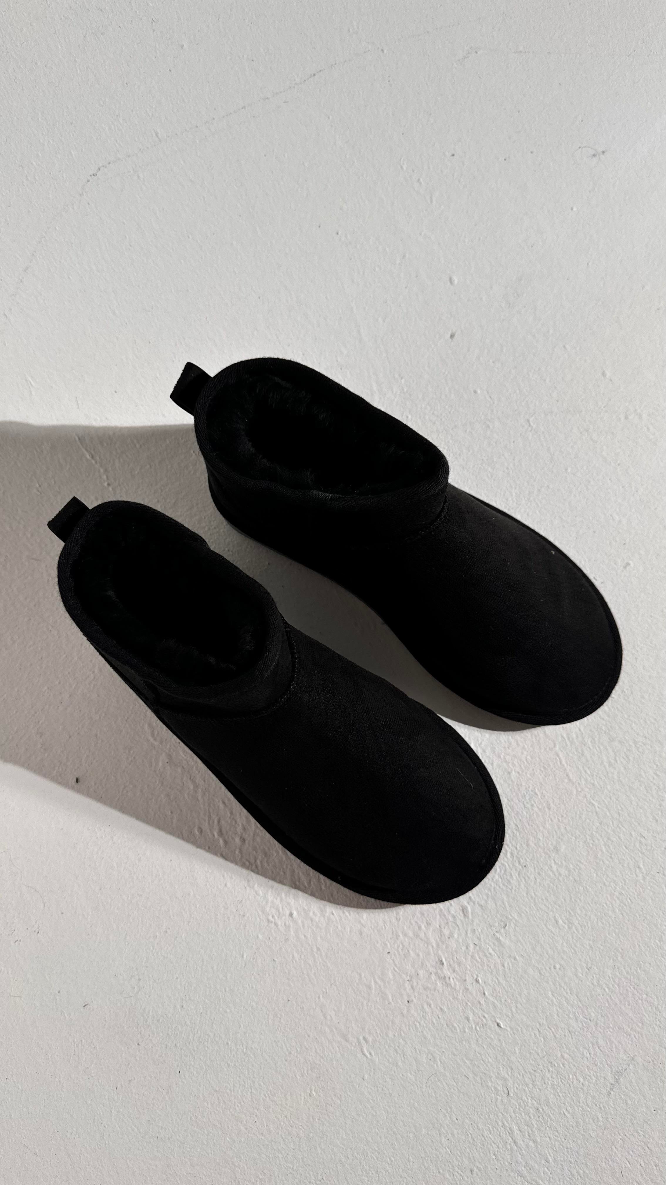 Ultra Mini Siyah Süet İçi Tüylü Düz Taban Bilekte Bot 