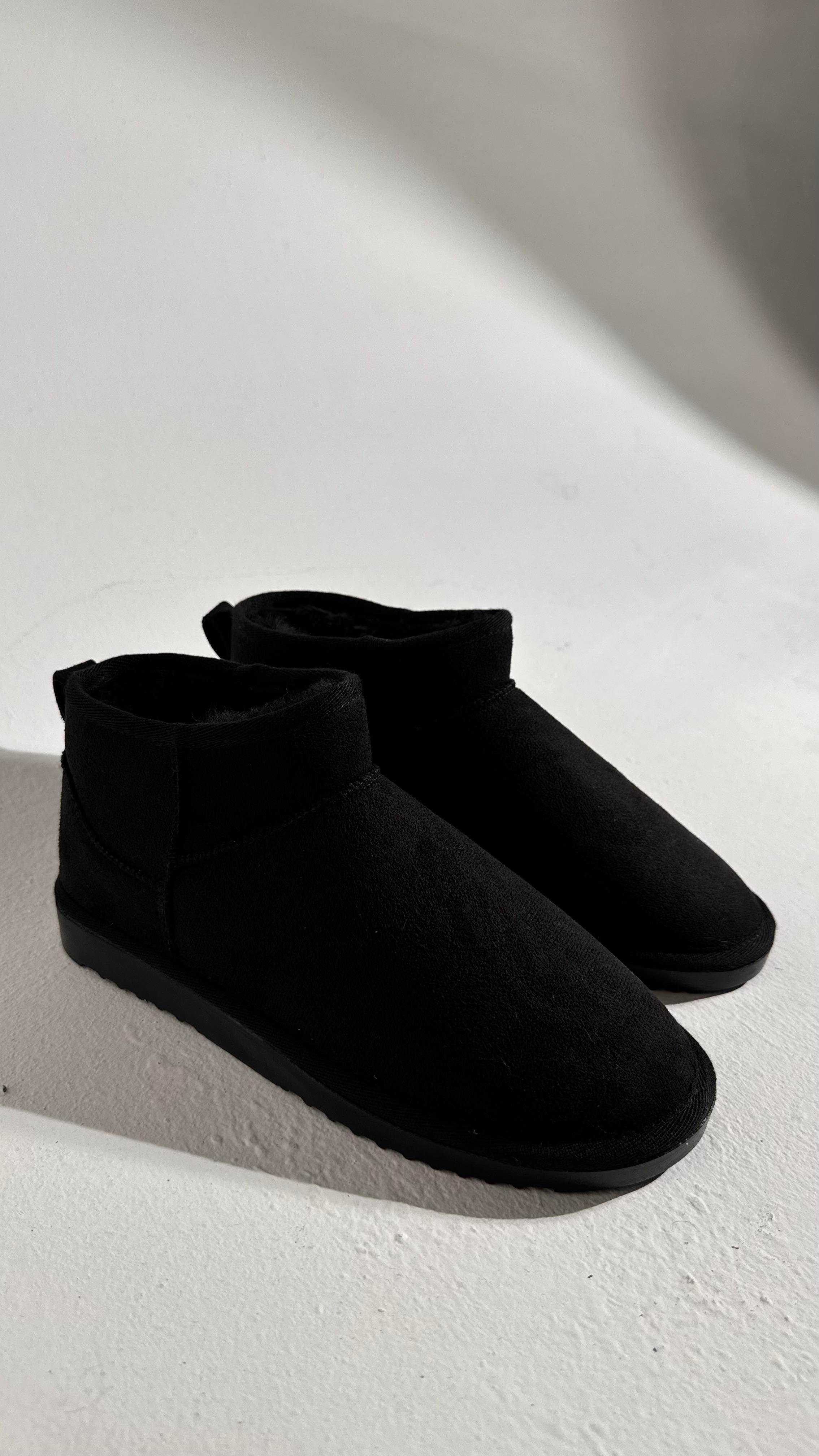 Ultra Mini Siyah Süet İçi Tüylü Düz Taban Bilekte Bot 