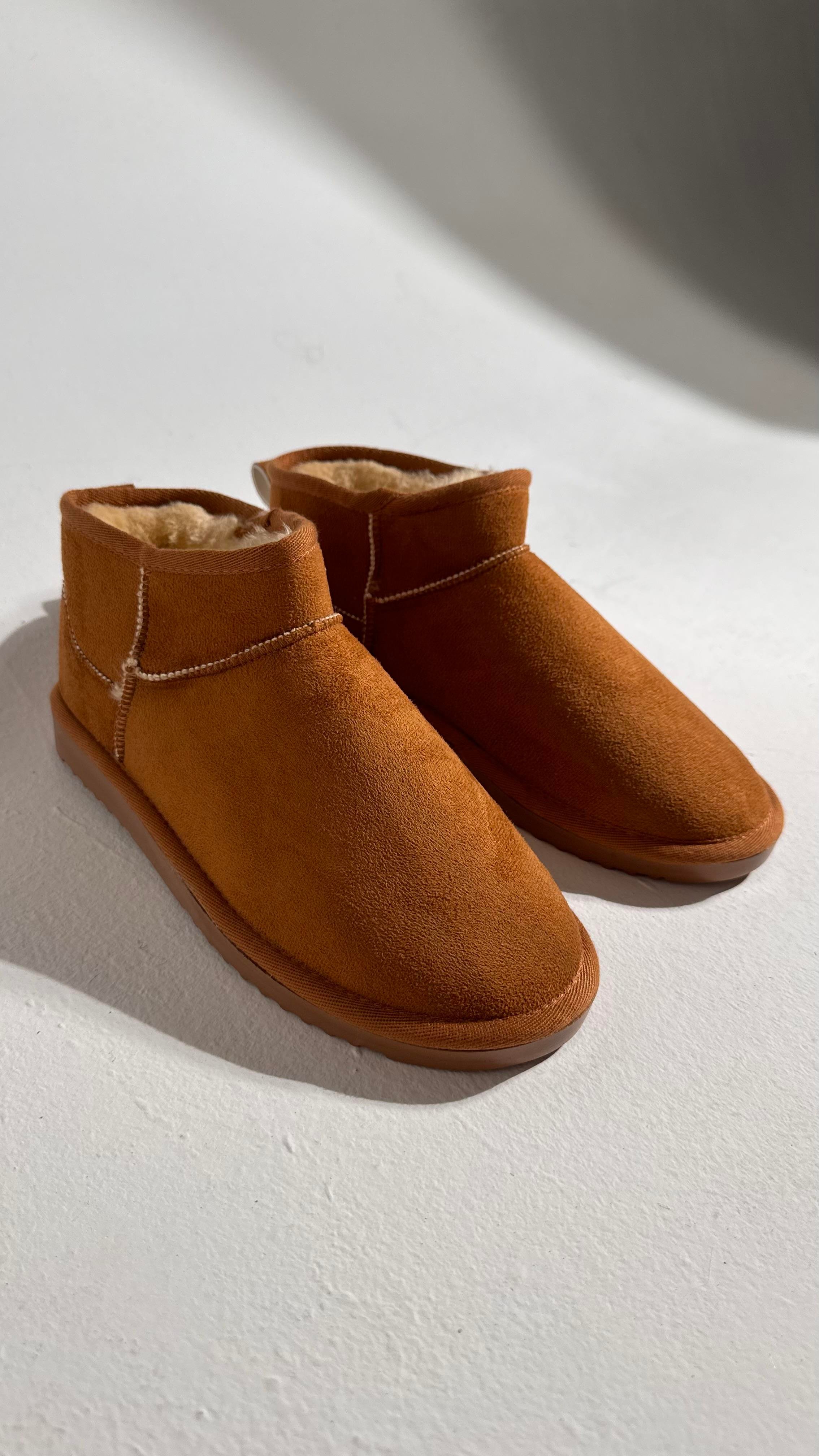 Ultra Mini Taba Süet İçi Tüylü Düz Taban Bilekte Bot 