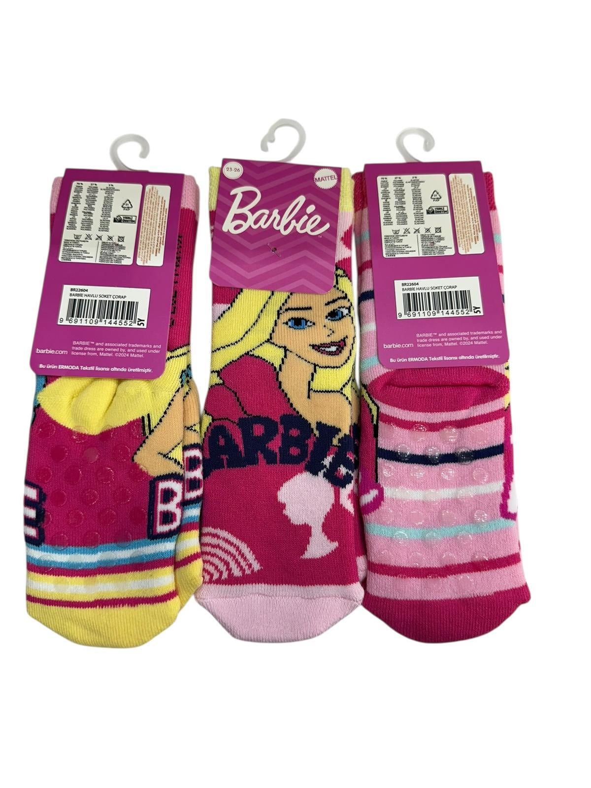 3'Lü Barbie Figürlü Tabanı Kaydırmaz Çocuk Havlu Çorap