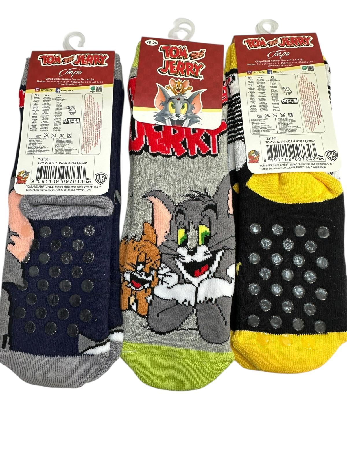 3'Lü TOM ve JERRY Figürlü Tabanı Kaydırmaz Çocuk Havlu Çorap