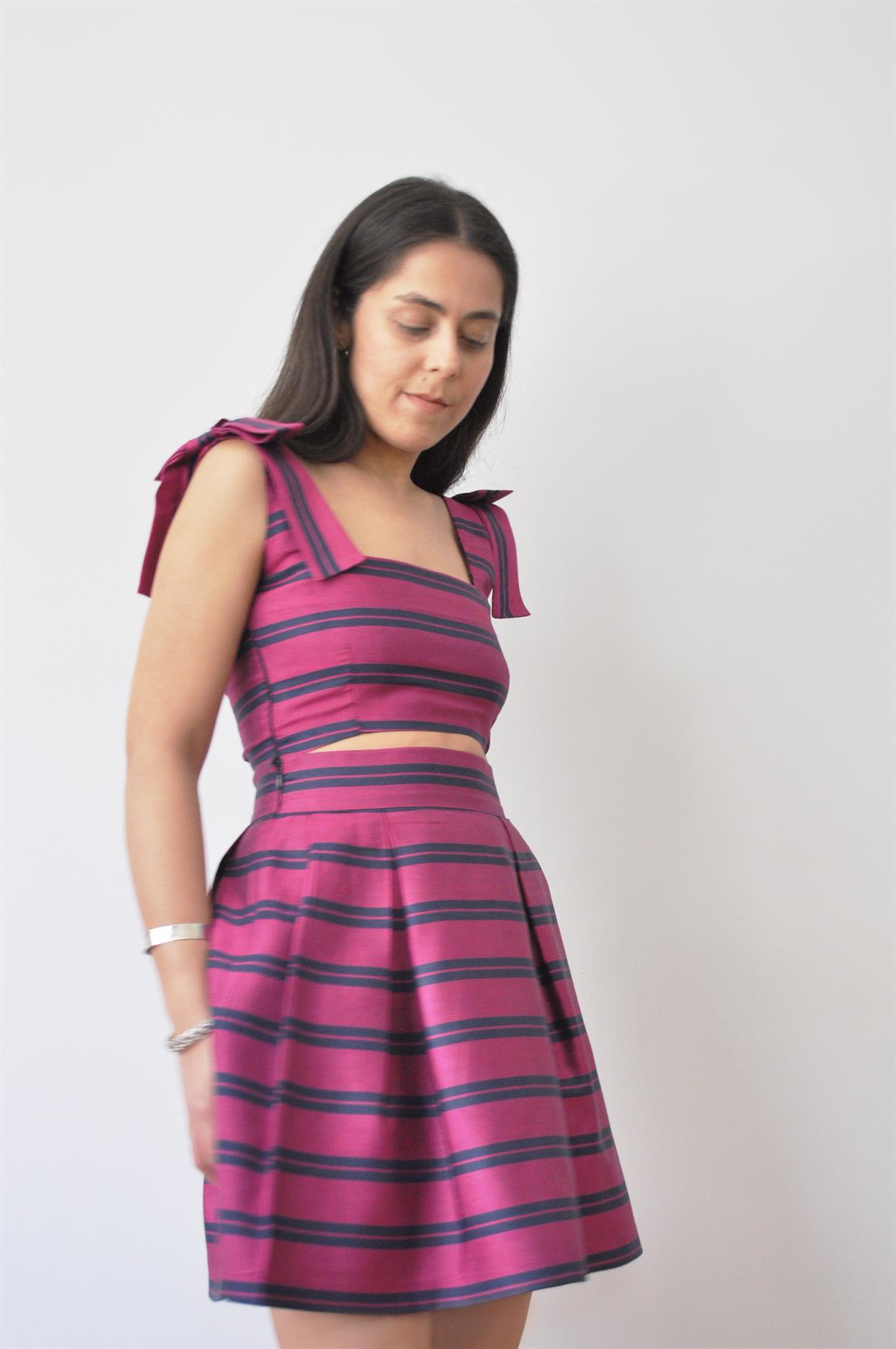 Fuşya Kutnu Kare Yaka Crop Top