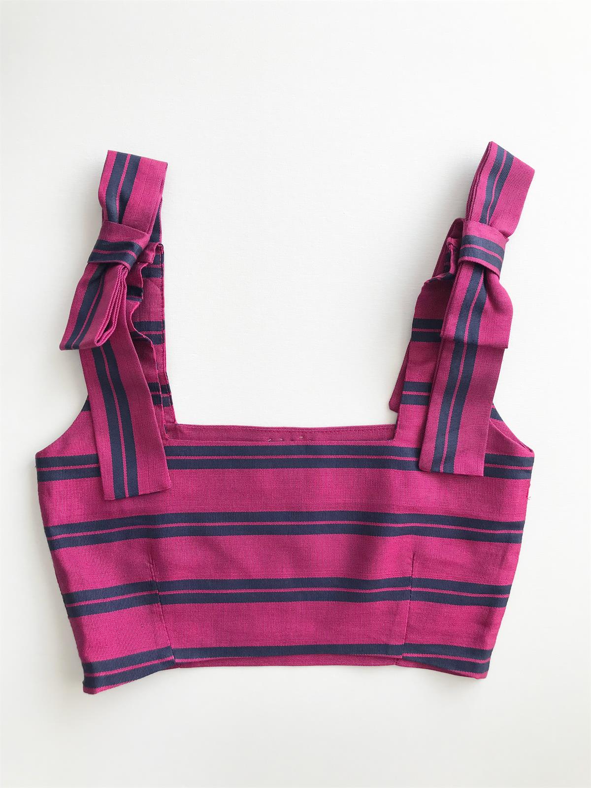 Fuşya Kutnu Kare Yaka Crop Top