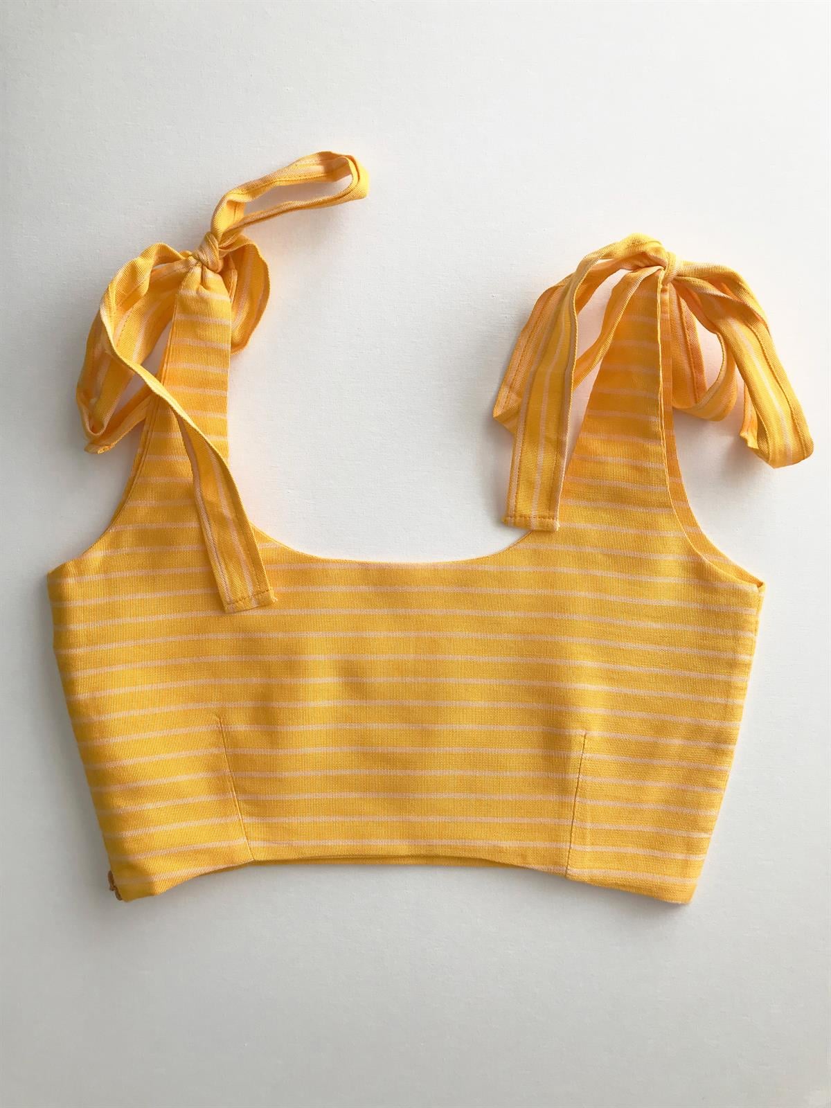 Sarı Kutnu Balerin Yaka Crop Top