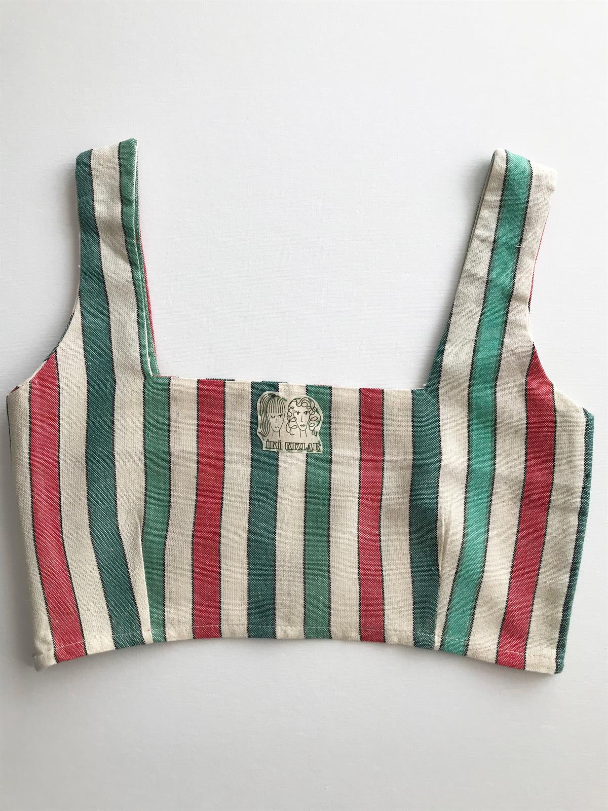 Yeşil Çizgili Kare Yaka Crop Top