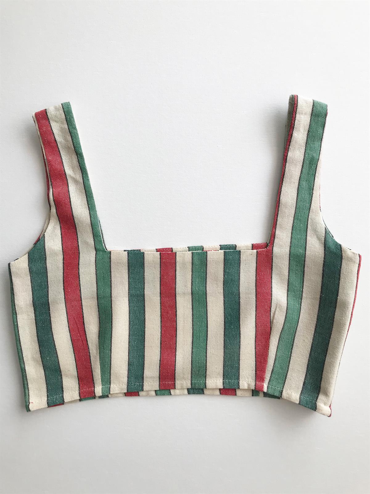 Yeşil Çizgili Kare Yaka Crop Top